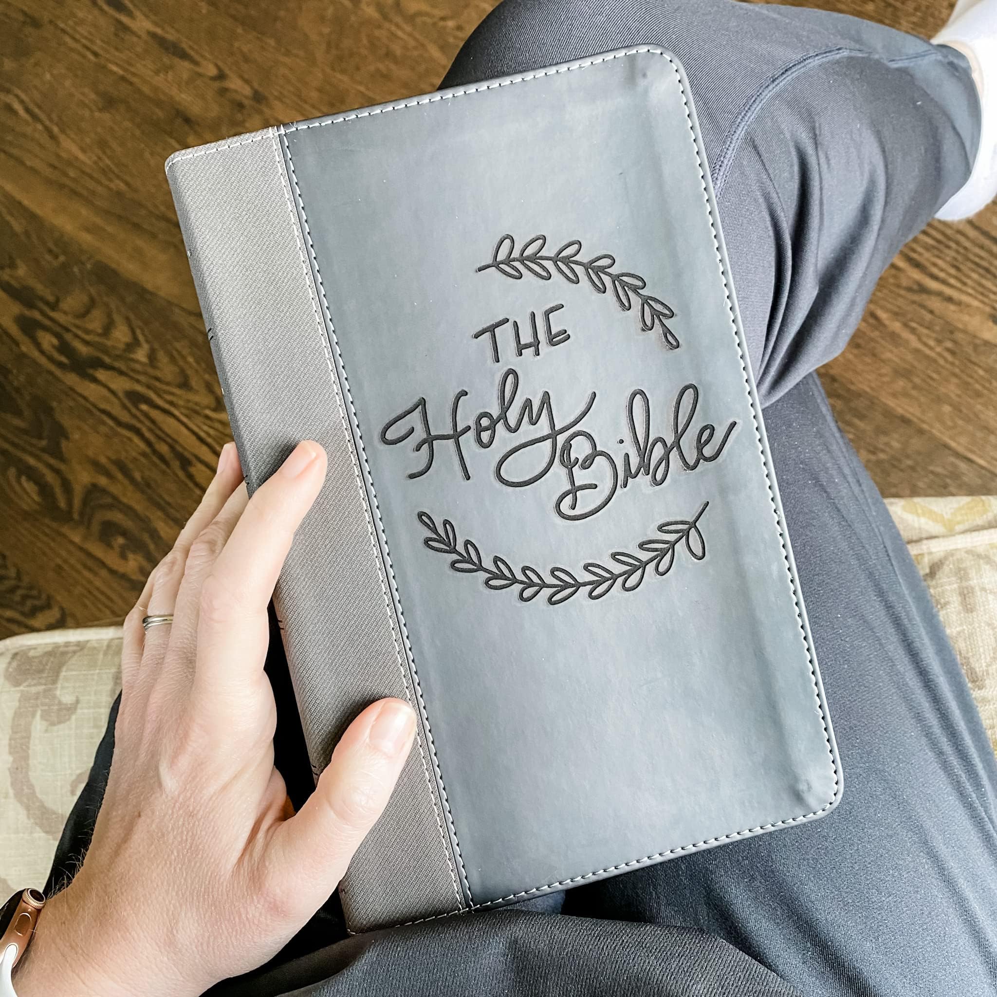 Personalized NIV Black/Gray Leathersoft Bible with Hand Lettering & Laser Engraving - Custom Name Engraving Available - Perfect Gift for Weddings, Baptisms, Graduations & Birthdays - Ideal for Daily Devotion, Bible Study & Spiritual Growth