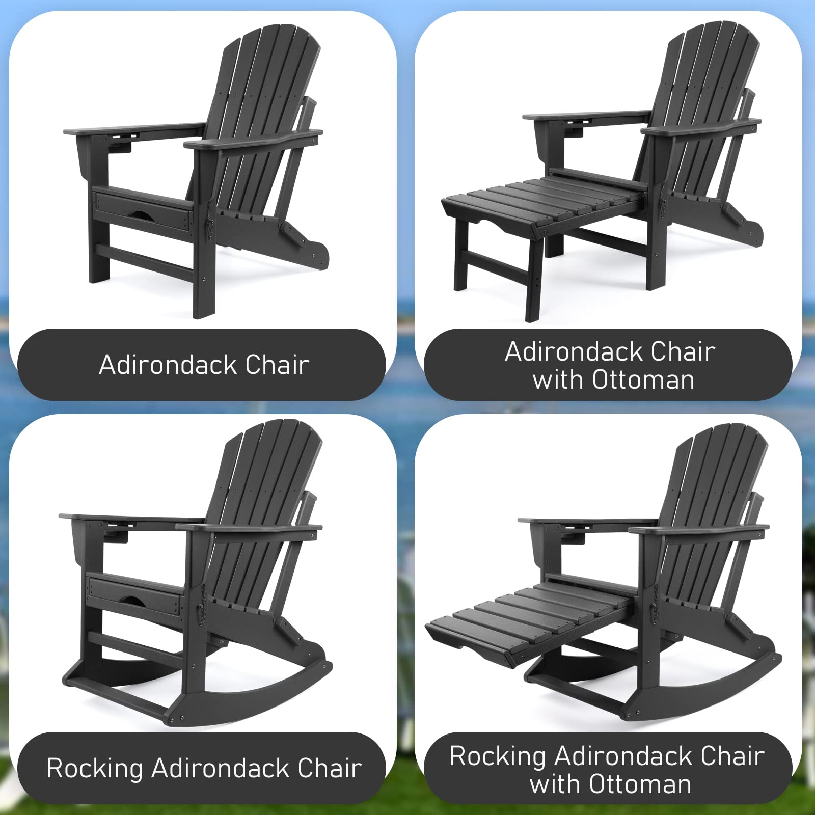 Premium Adirondack Chair with Ottoman - Weather-Resistant Rocking & Folding Outdoor Chair with Cup Holder - Heavy Duty 350lb Capacity Patio Furniture for Backyard, Poolside & Camping Fire Pit