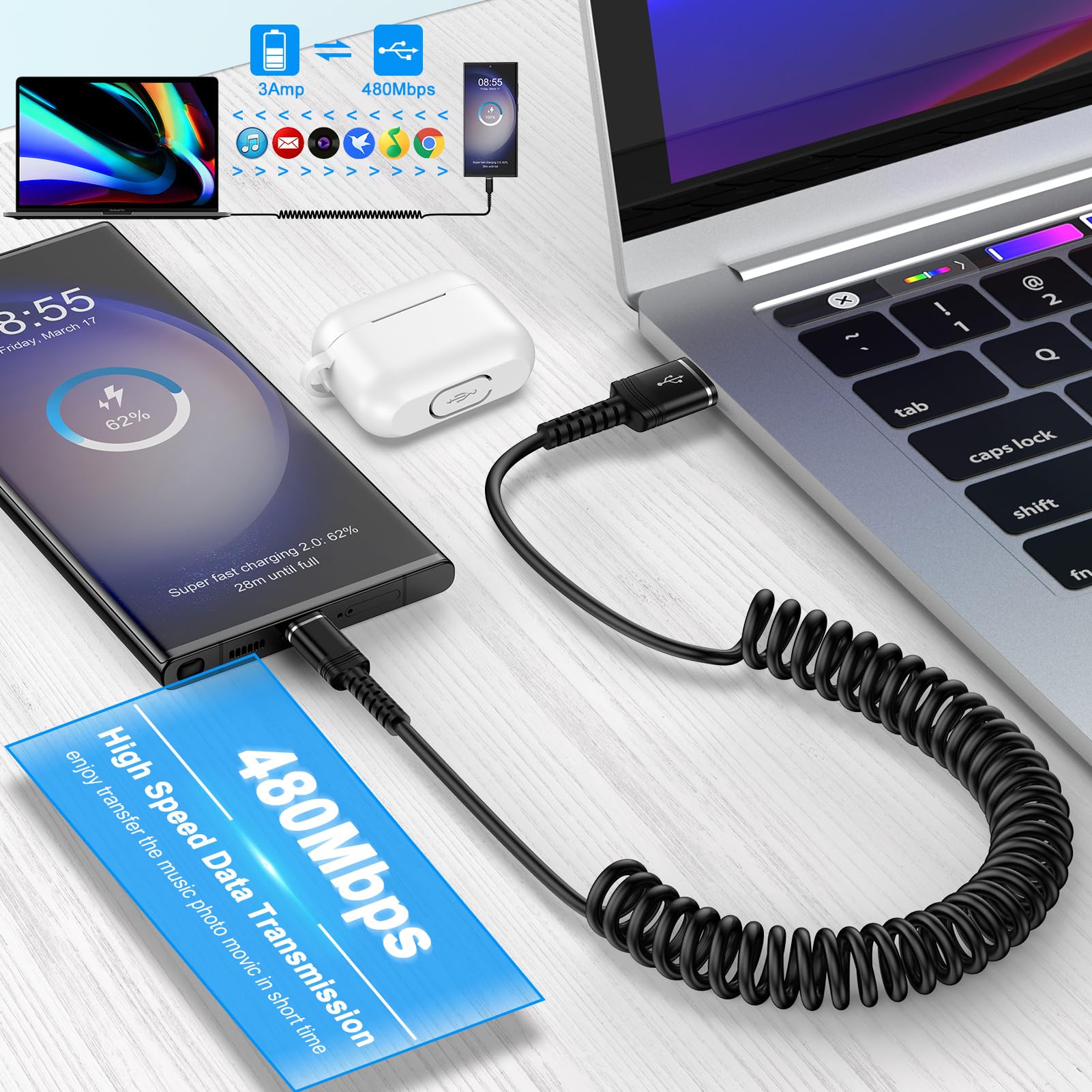 3ft Retractable USB C to USB A Fast Charging Cable - Coiled Car Charger for iPhone 16 Pro Max/16 Plus/16 Pro/16 & 15 Series, Samsung Galaxy S24/A15/A35 - Android Auto & CarPlay Compatible (Perfect for Road Trips & Daily Commute)