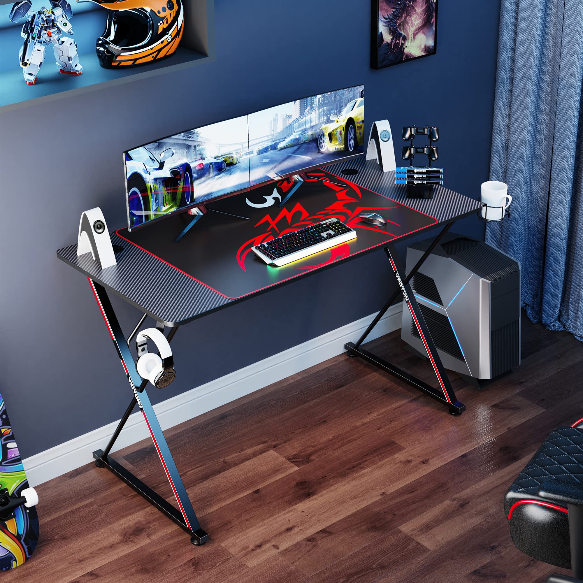 EUREKA ERGONOMIC 47-inch Gaming Desk - Carbon Fiber Surface Gamer Workstation with Large Mouse Pad, Controller Stand, Headphone Hook, Cup Holder & Cable Management | Perfect for PC Gaming, Streaming & Home Office Setup (Black)