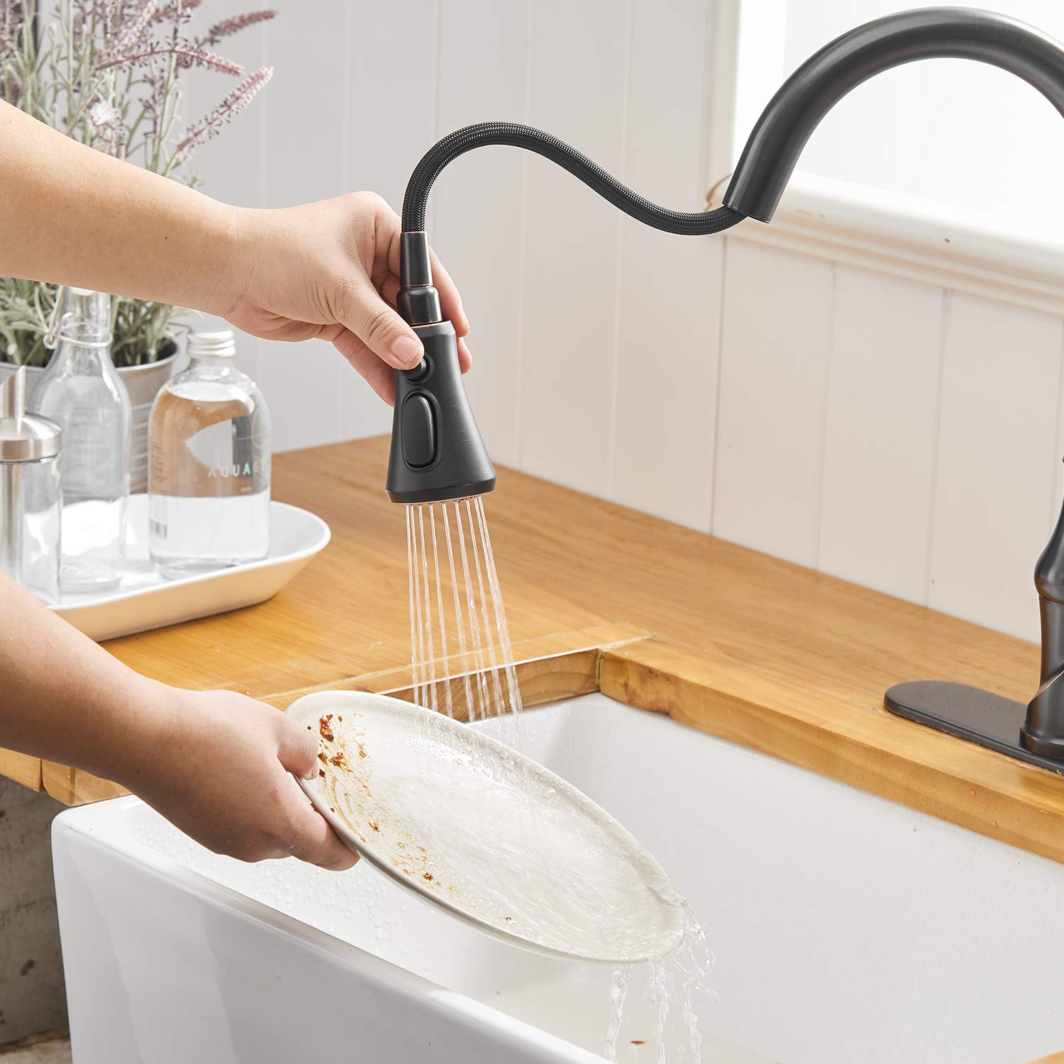BWE High Arc Pull Out Kitchen Faucet - Oil Rubbed Bronze Single Handle with 3 Spray Modes & Deck Plate - Commercial Grade Farmhouse Sink Faucet for Bar & Restaurant Use