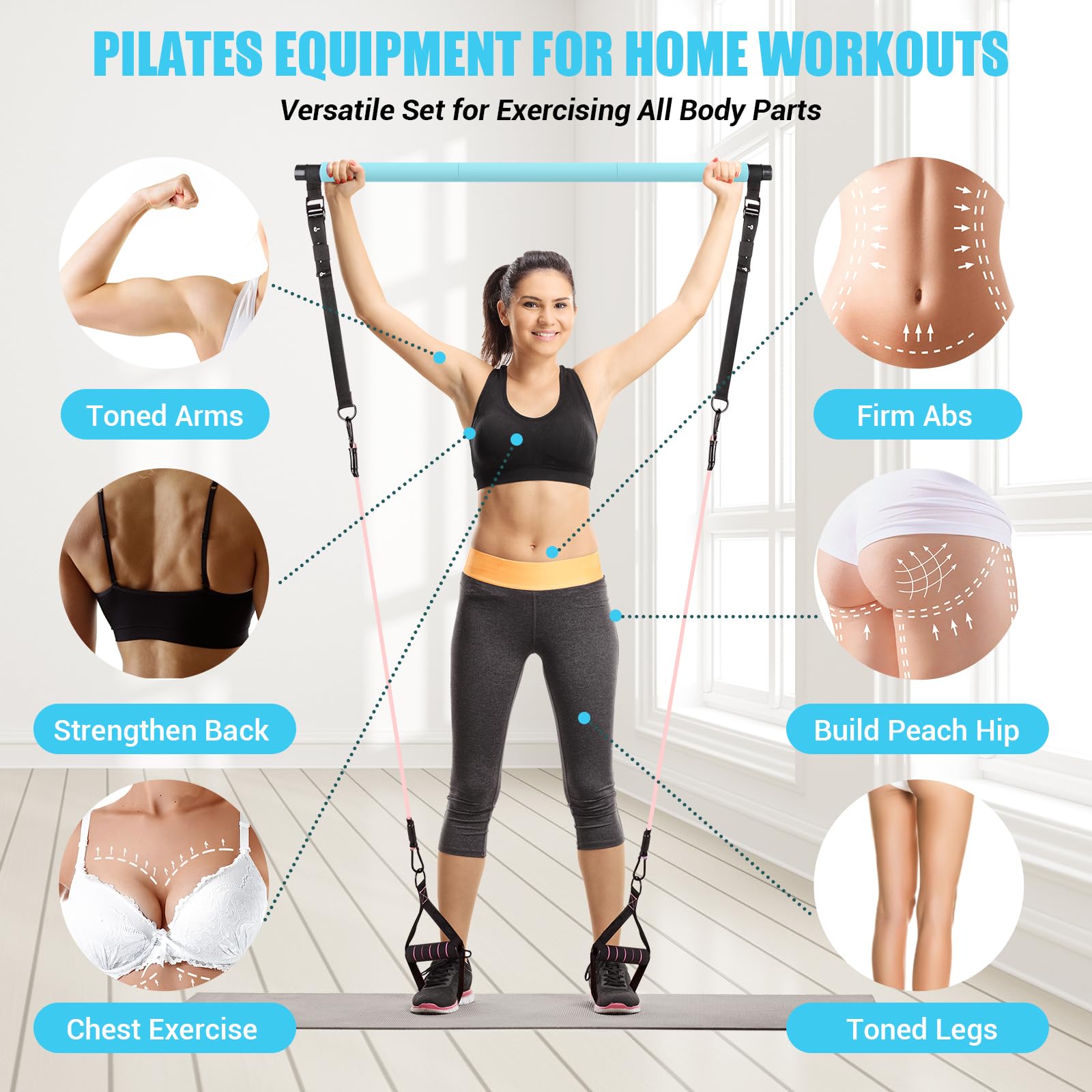 Pilates Bar Kit with Resistance Bands - Multifunctional Exercise Bar with Ab Roller for Pilates, Abs & Weight Loss - Portable Home Gym Equipment for Full Body Workout - Ideal for Women's Fitness & Home Training