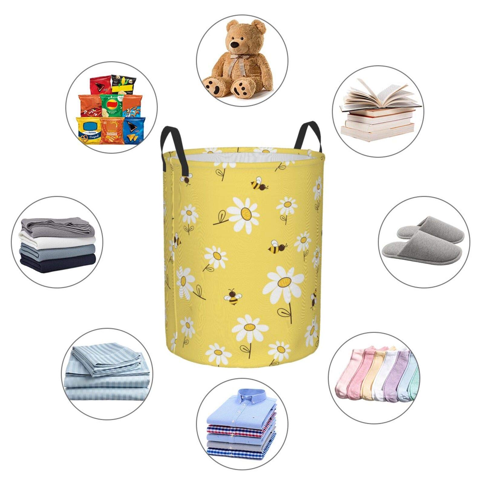 Yellow Daisy Bee Collapsible Laundry Basket with Handle - Waterproof Fabric Hamper for Clothes, Toys & Storage | Foldable Organizer Bin for Bathroom, Bedroom & Nursery | Large Capacity Dirty Clothes Hamper