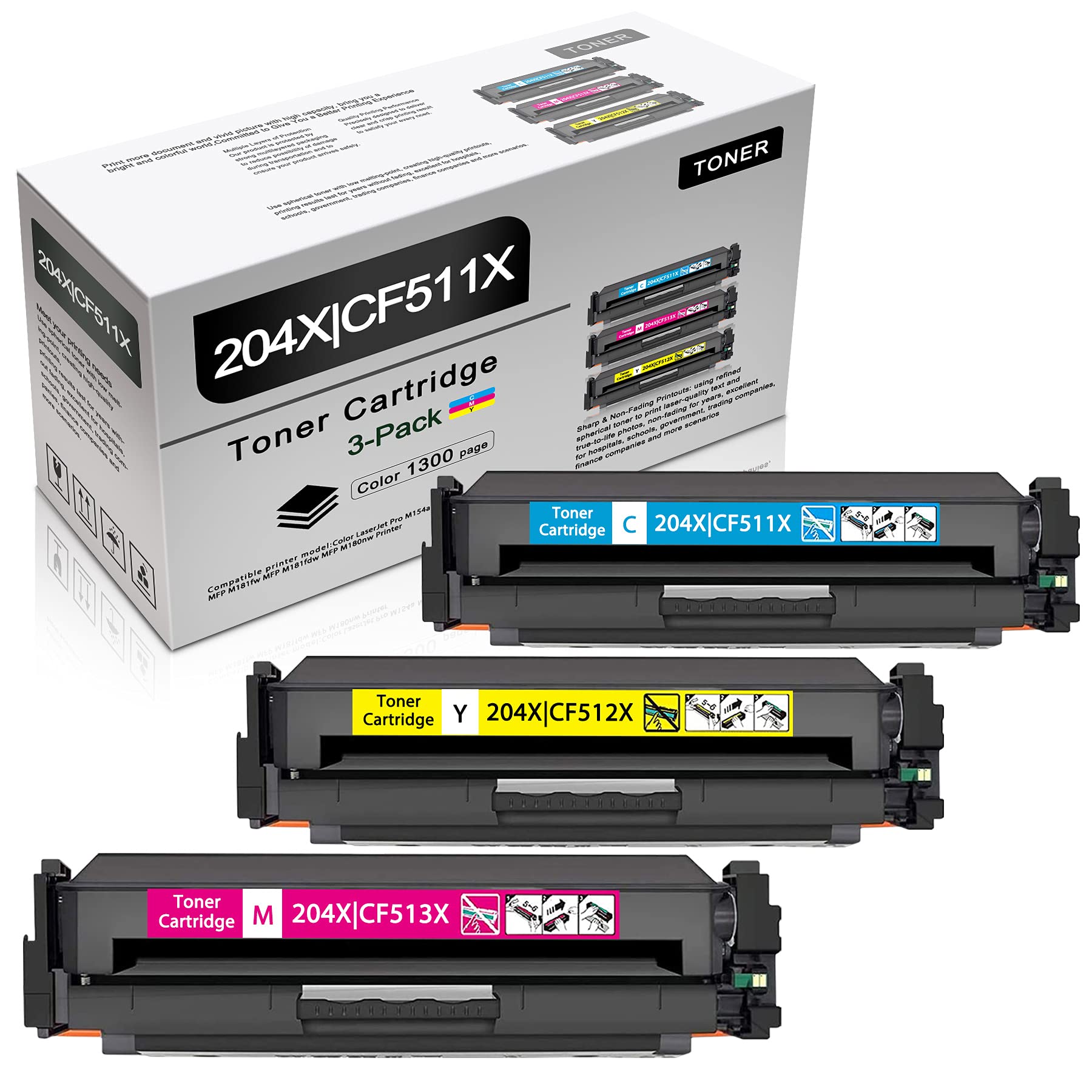 High-Quality 3-Pack (C/Y/M) 204X CF511X CF512X CF513X Compatible Toner Cartridge Replacement for HP 204X Color Pro M154a M154nw MFP M180n MFP M181fw MFP M181fdw MFP M180nw Printers - Perfect for Home & Office Printing Needs