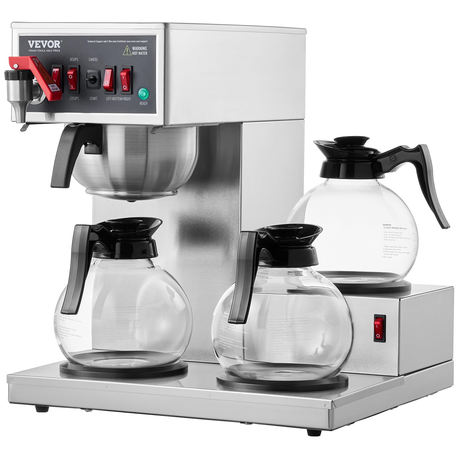 VEVOR 12 Cup Commercial Drip Coffee Maker with 3 Glass Carafes & Warmer Plates - Stainless Steel Automatic Coffee Machine for Restaurants, Offices & Cafes - Perfect for High-Volume Brewing & All-Day Service