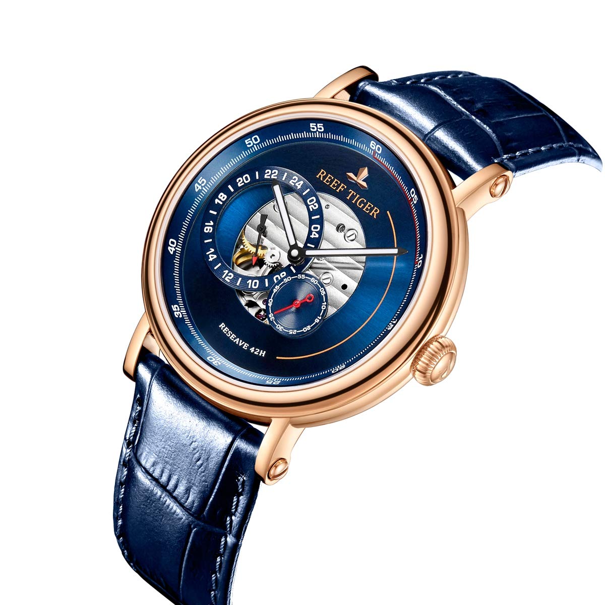 REEF TIGER Luxury Men's Automatic Watch - Blue Reserve RGA1617 with Genuine Leather Strap | Waterproof Dress Watch for Business, Formal Events & Gifts