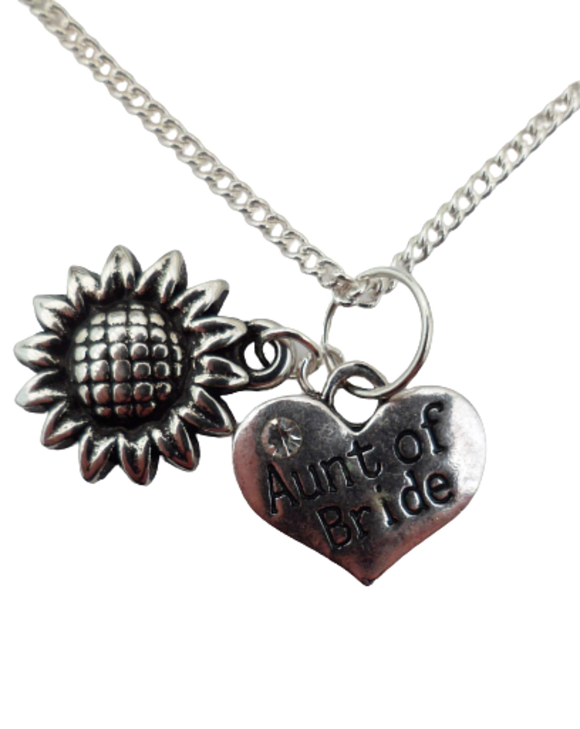 Silver Plated Heart & Sunflower Charm Necklace for Bride's Aunt - Perfect Wedding Gift & Special Occasion Jewelry