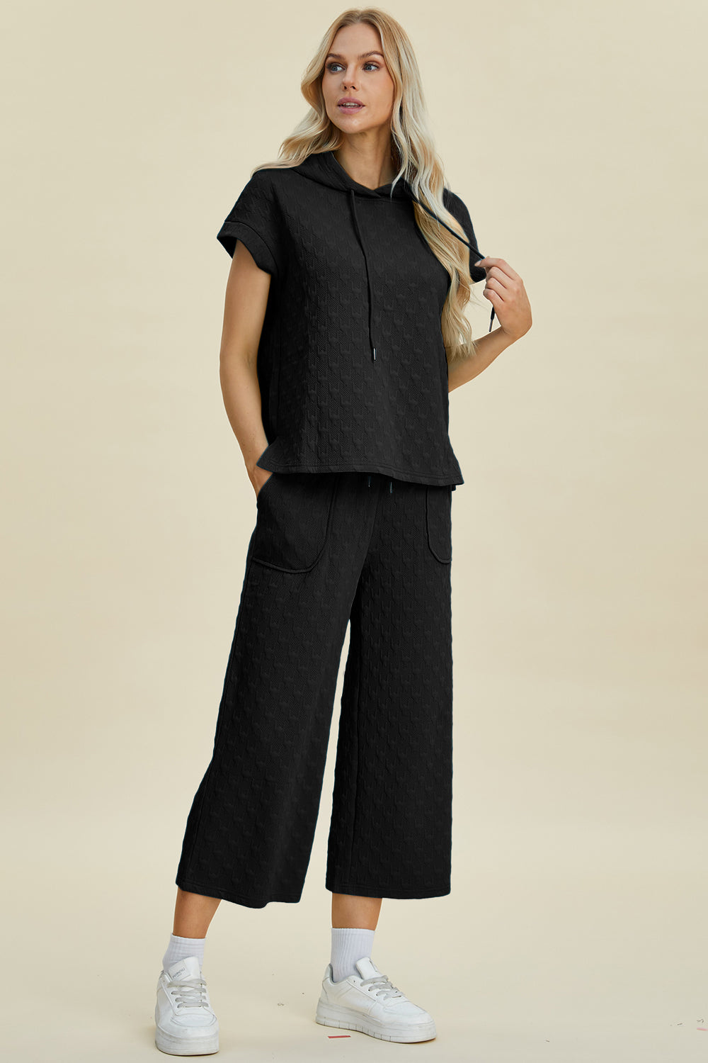 Double Take Full Size Textured Drawstring Short Sleeve Hoodie & Pocketed Pants Set - Casual Loungewear for Men and Women | Perfect for Home, Gym, and Outdoor Activities