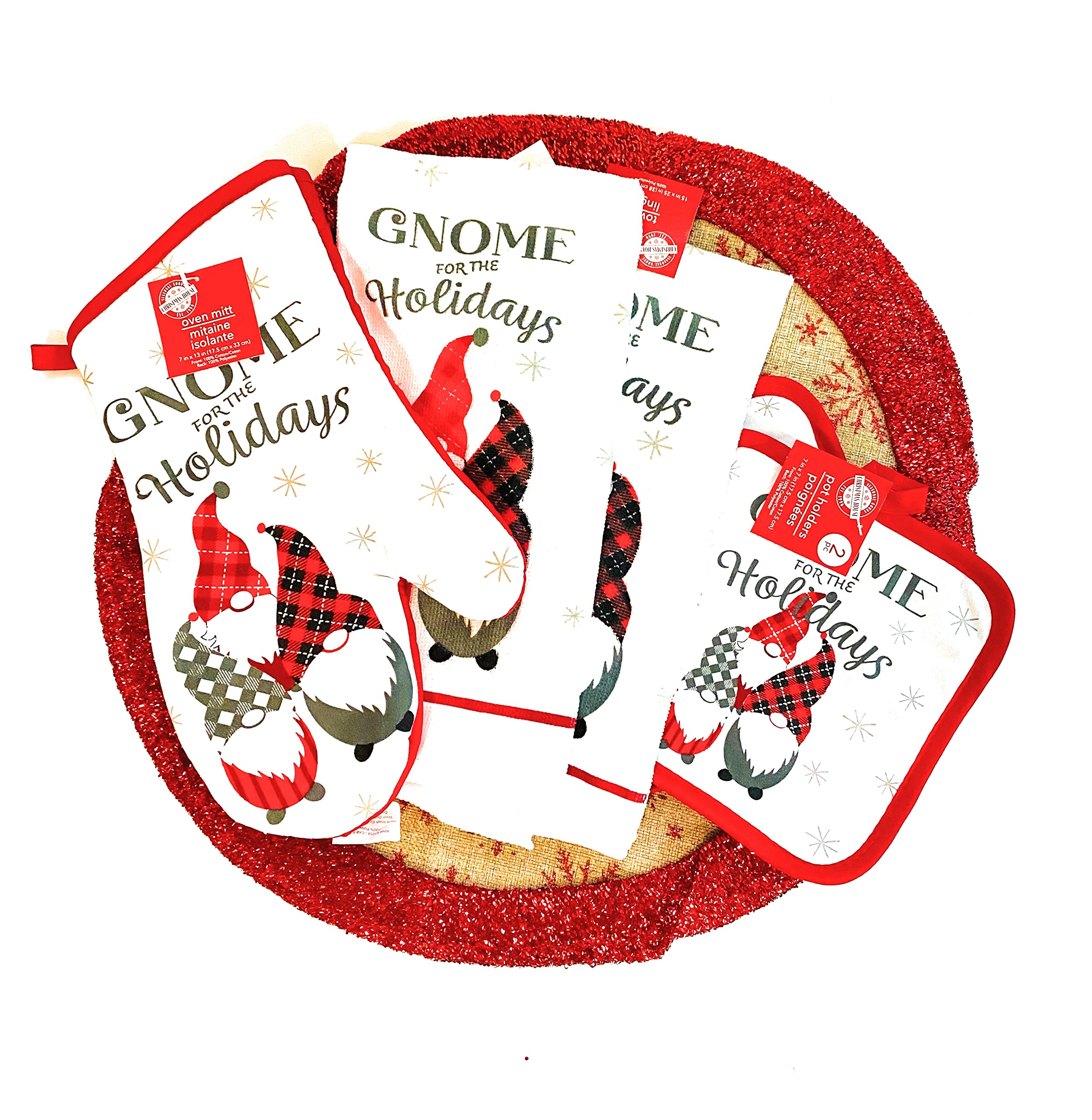 5-Piece Christmas Kitchen Set with Gnome Design - 2 Kitchen Towels, 2 Pot Holders & 1 Oven Mitt - Holiday Home Decor for Baking & Festive Cooking