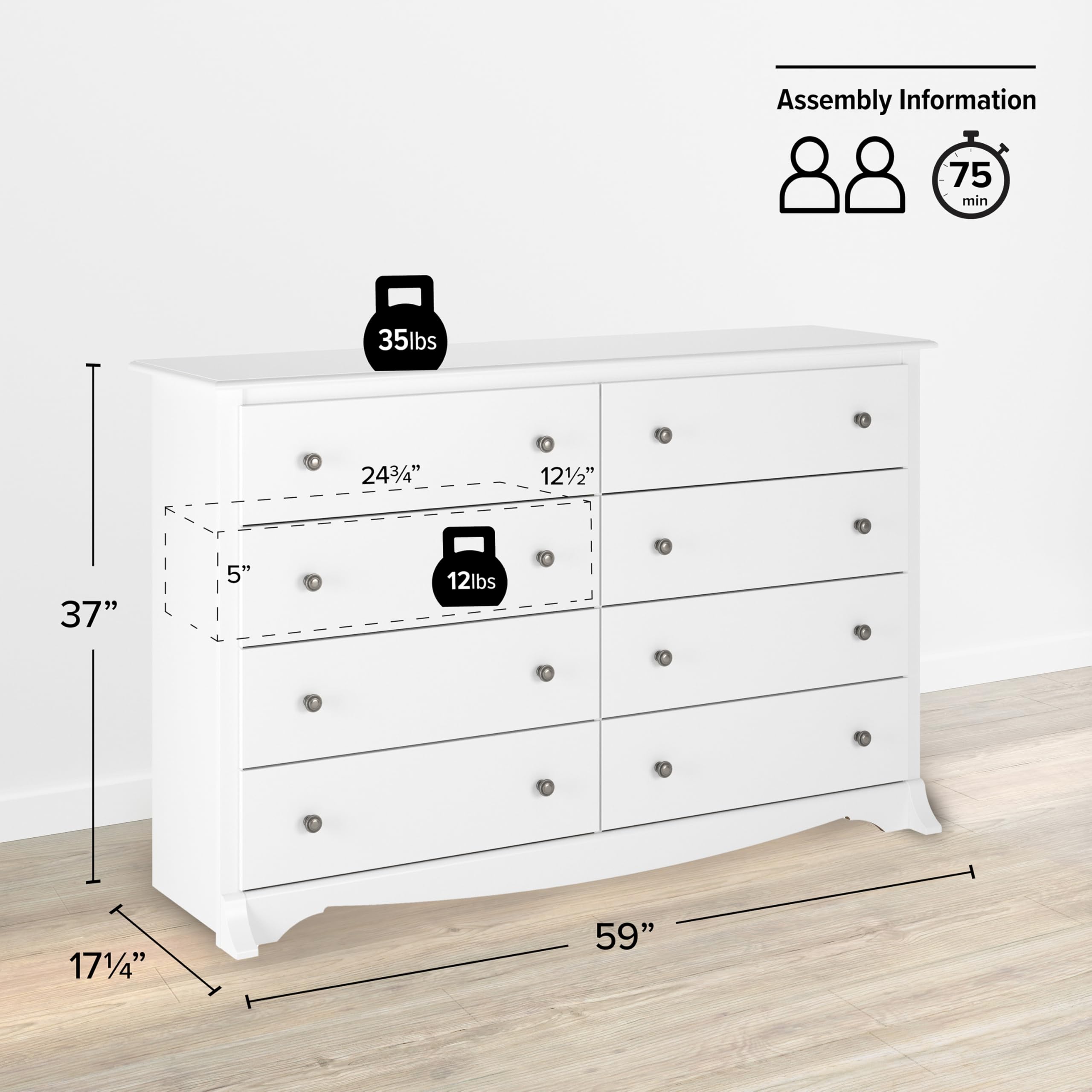 Prepac Sonoma 8-Drawer Double Dresser - White Wide Chest of Drawers for Bedroom Storage & Organization (17.25