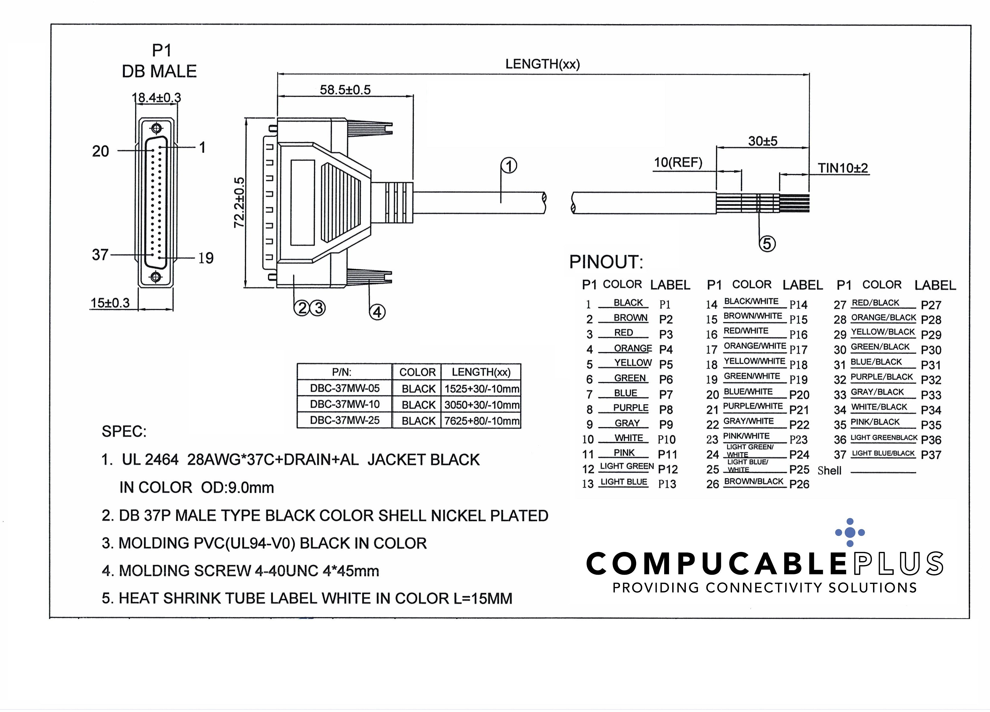 37-Pin RS232 Serial Cable Male to Male - 5ft, 10ft, 25ft Length Options for Industrial Equipment & Computer Connectivity