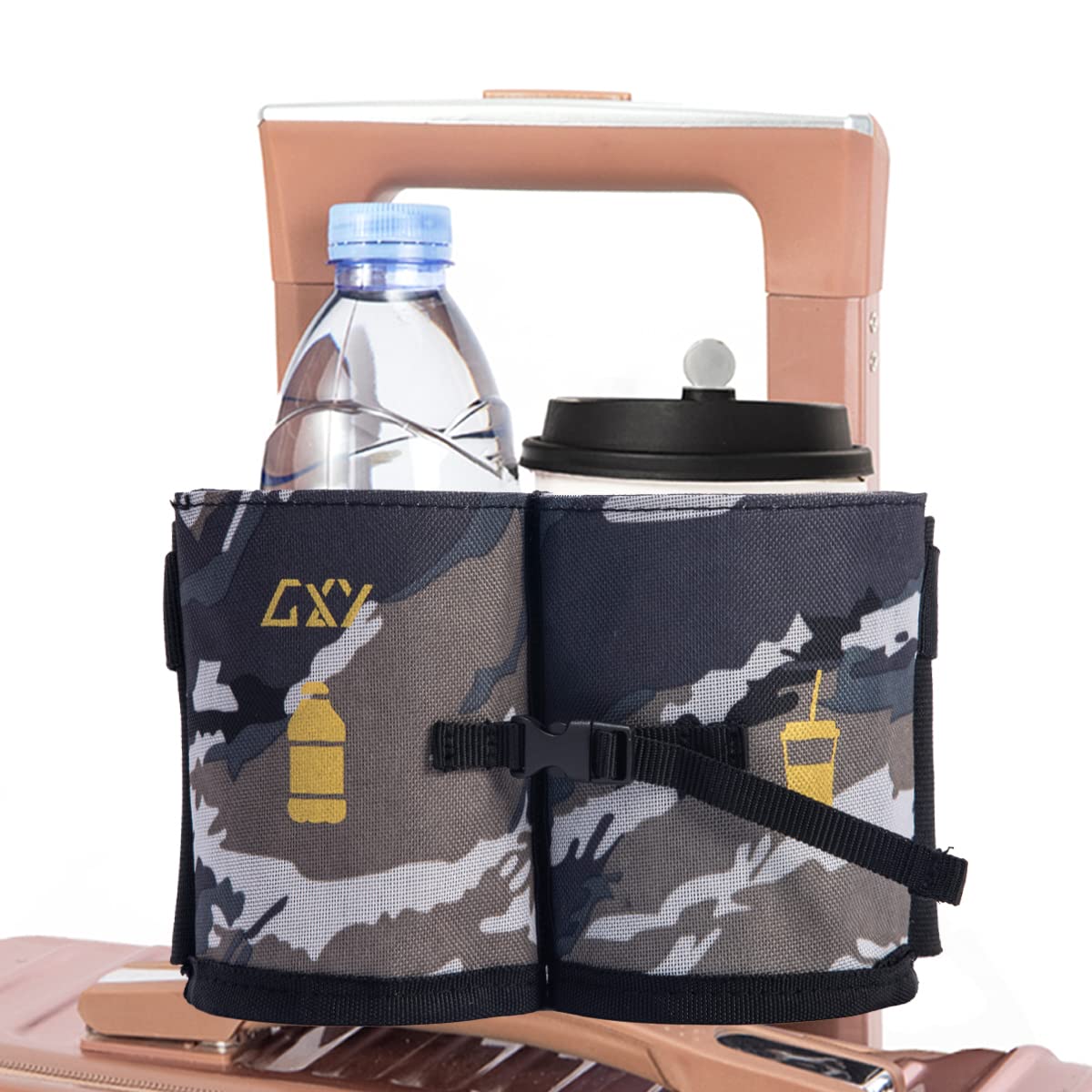 Universal Travel Cup Holder for Suitcases & Backpacks - Hands-Free Drink Caddy Holds 2 Coffee Mugs - Portable Luggage Accessory for Airplane, Road Trips & Commuting
