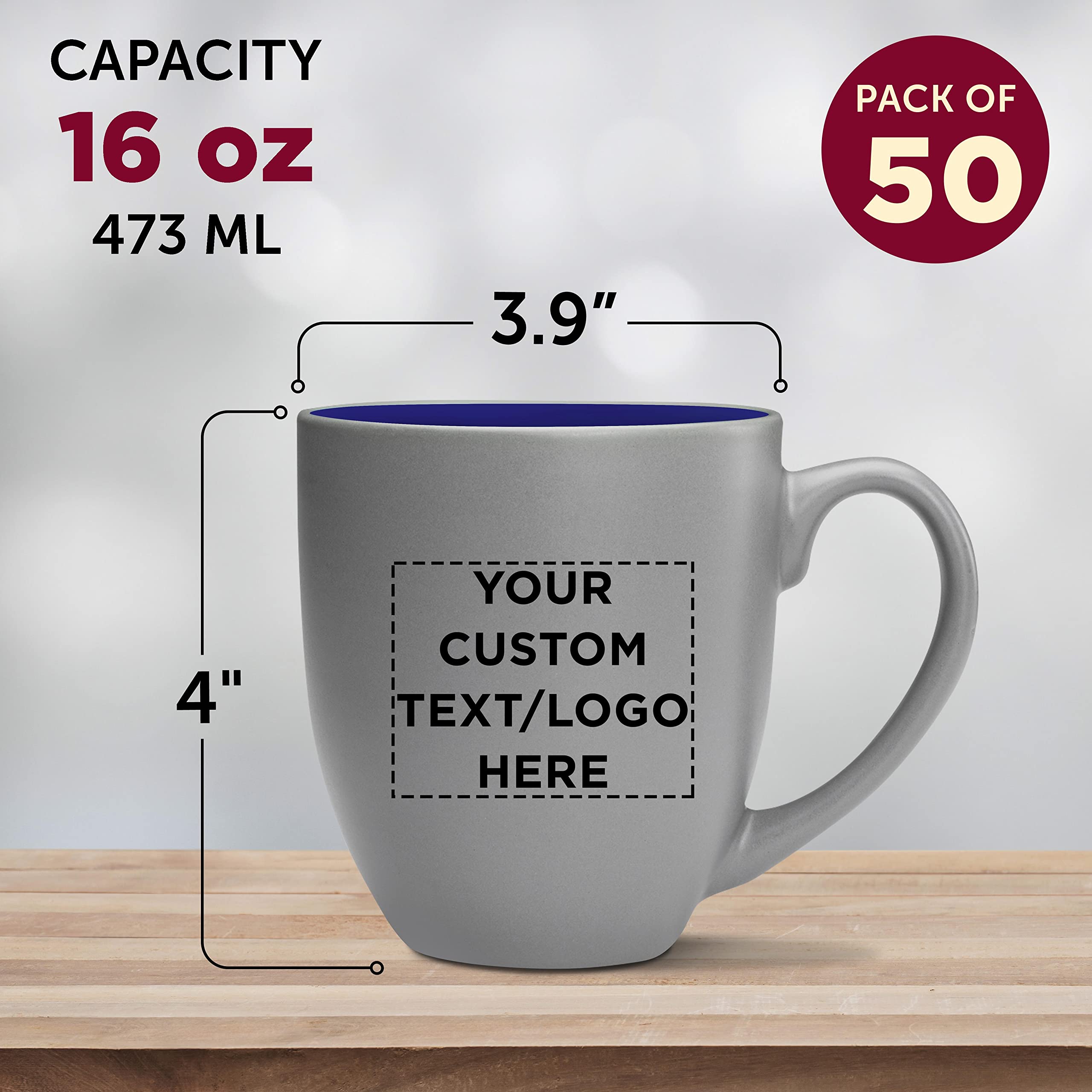 Customized 16oz Two-Tone Coffee Mugs Bulk Set of 50 - Personalized Pop-Out Bistro Mugs for Coffee, Hot Chocolate & Beverages - Blue - Ideal for Cafes, Restaurants, Corporate Gifts & Events