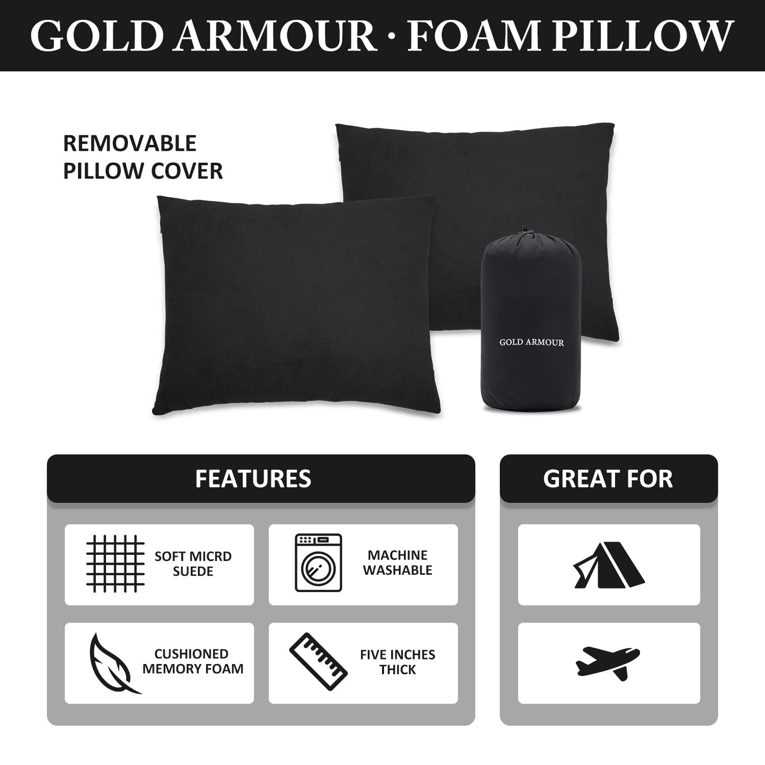Gold Armor Memory Foam Camping Pillow - Compact & Compressible Travel Pillow for Backpacking, Hammock, Hiking - Outdoor Gear for Adults & Kids (12x16in, Black) - Perfect for Camping Trips, Road Travel & Airplane Use