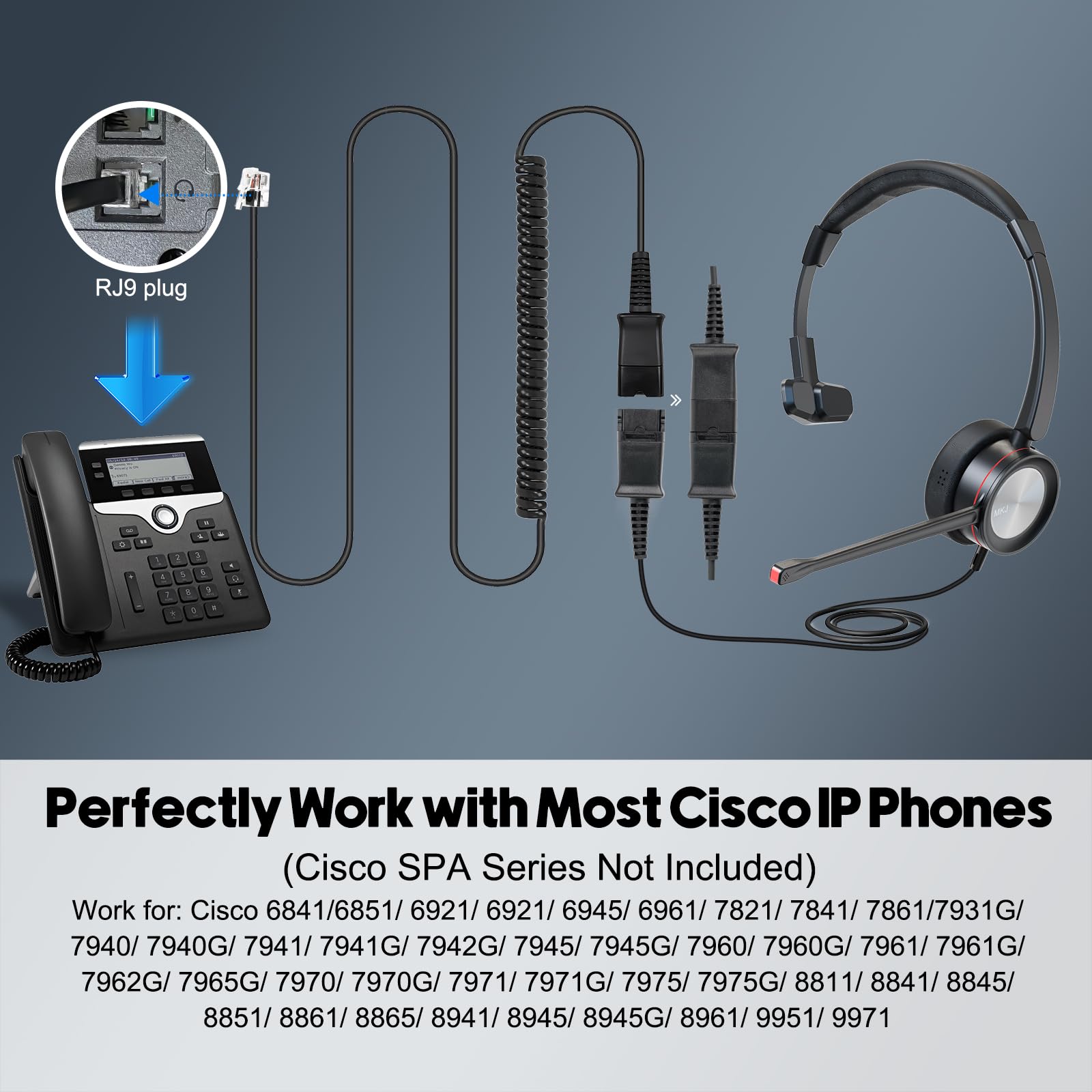 Cisco CP-7821 7841 7861 7941G 7942G 7945G 7962G 7965G 7970 7971G 7975G 8841 8865 8851 9975 Compatible Noise Cancelling Office Phone Headset with Microphone - MKJ Corded RJ9 Call Center Headset for Clear Communication in Busy Work Environments