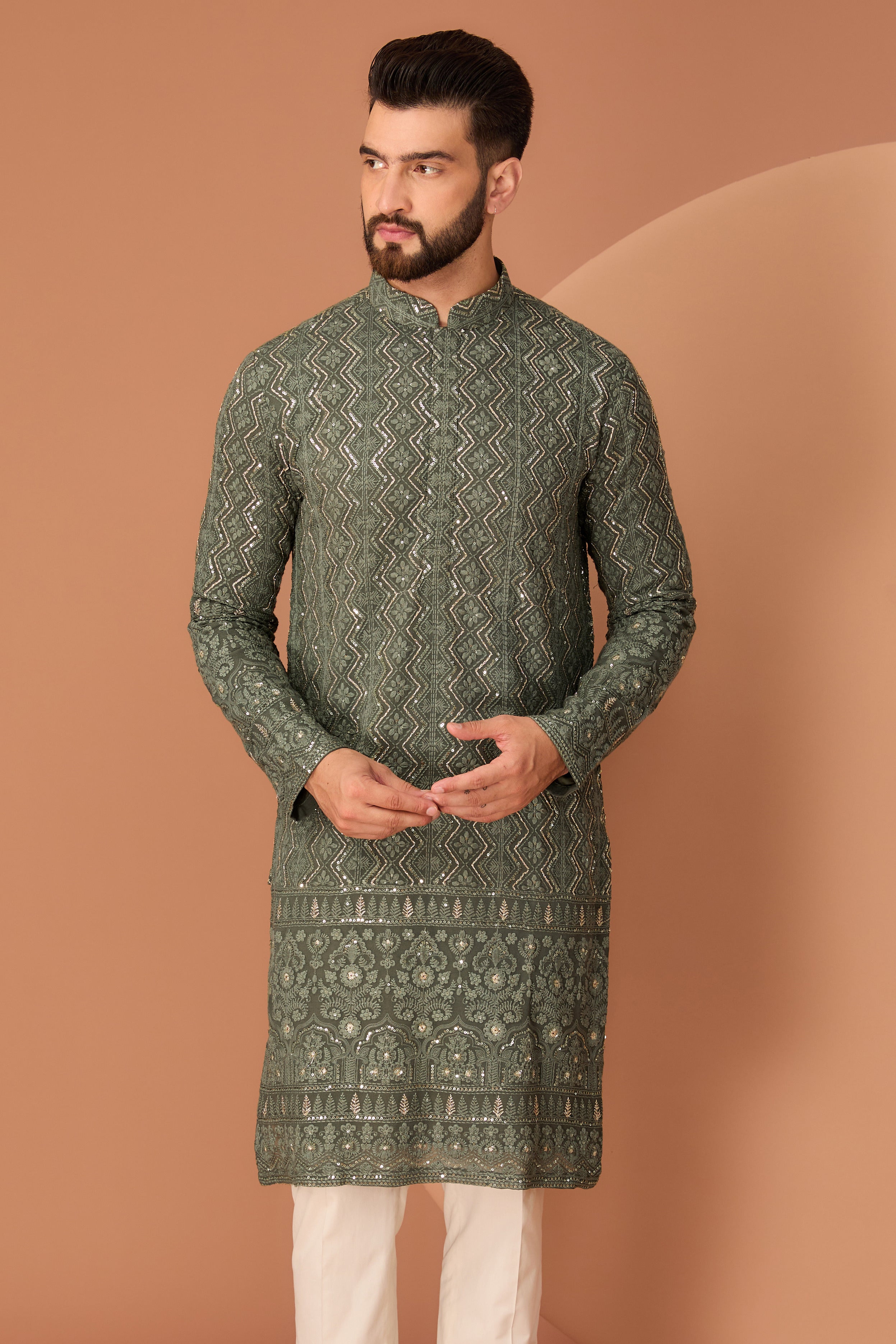 Elegant Military Green Chikankari Kurta for Women - Traditional Indian Embroidered Tunic - Perfect for Festivals, Weddings & Casual Wear