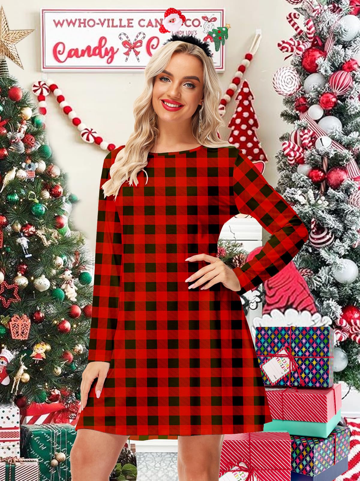 Women's Christmas Red and Black Plaid Dress - Funny Holiday Gift & Winter Party Outfit - Perfect for Xmas Parties, Office Celebrations & Festive Gatherings