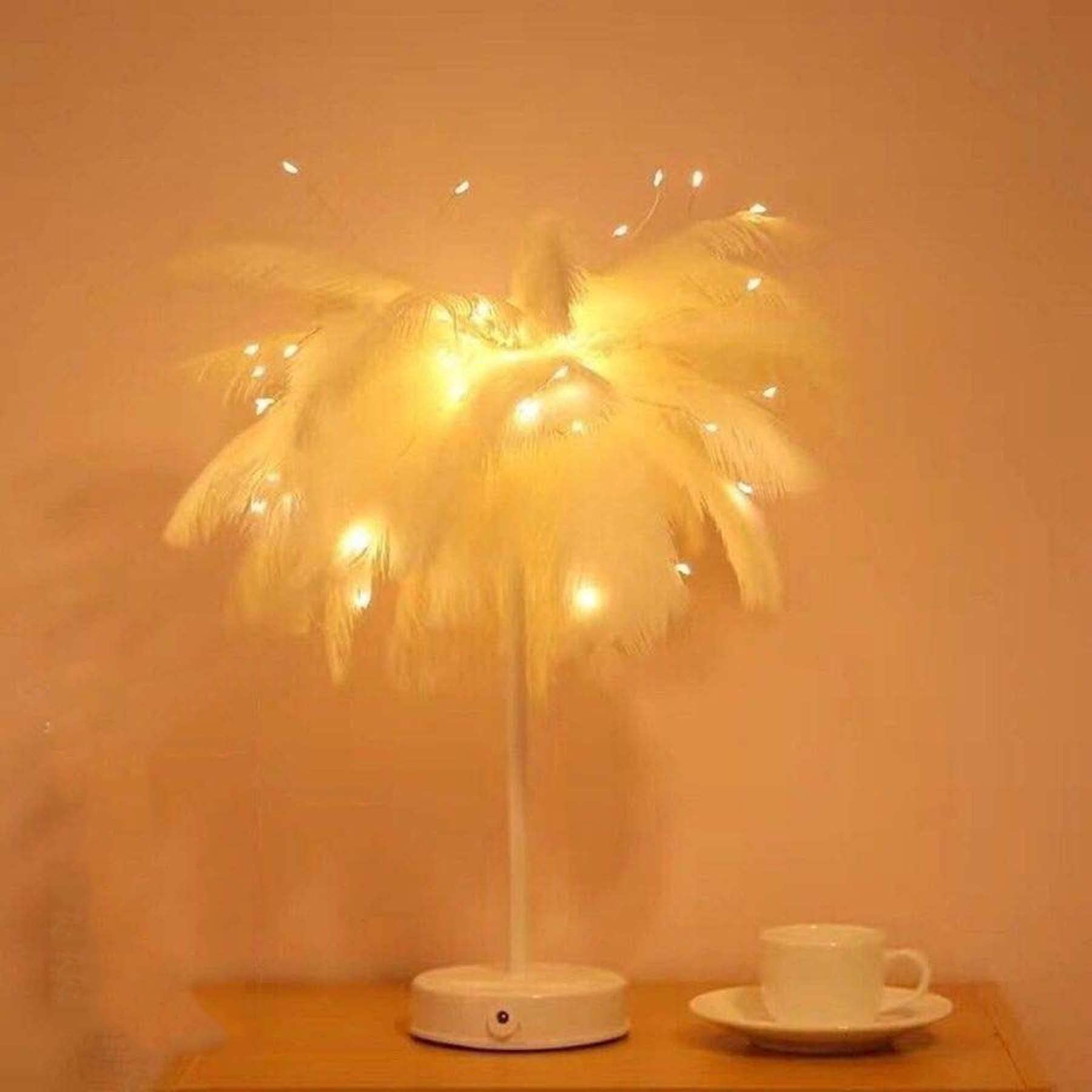 AOSHEN Pink Feather Table Lamp - Ostrich Feather Shade, Decorative Smart Night Light for Bedroom & Living Room, White | Perfect for Reading, Bedside Lighting & Home Decor