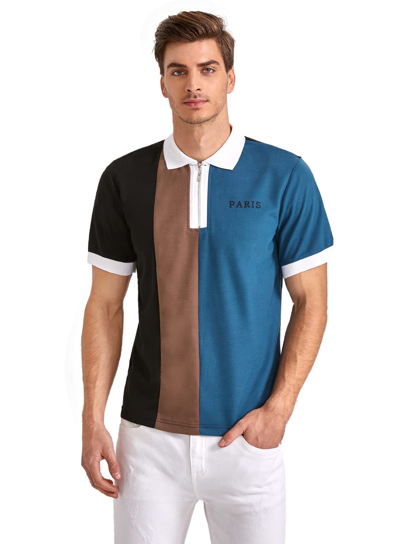 WDIRARA Men's Short Sleeve Polo Shirts - Color Block Design with Antler Embroidery, Breathable Work Shirt for Business Casual & Outdoor Activities (Blue/Red/White) | Perfect for Office, Golf, and Summer Wear