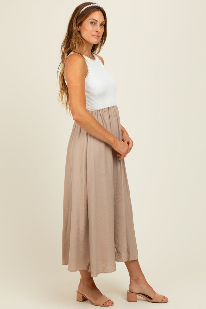 Beige Contrast Knit Sleeveless Midi Dress for Women - Summer Casual Chic Outfit, Perfect for Beach Vacation & Date Night