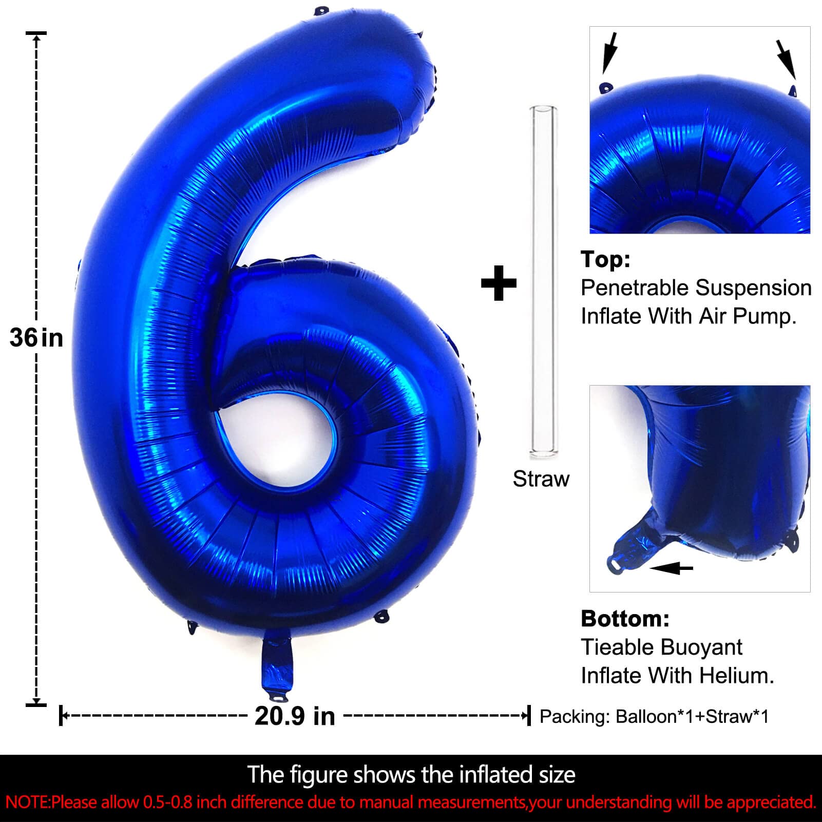 Lovoir 40 Inch Navy Blue Number 6 Balloon - Large Jumbo Mylar Foil Helium Balloons for Birthday Parties, Graduations, Anniversaries & Baby Showers - Perfect for Photo Backdrops, Ceiling Decorations & Celebration Displays