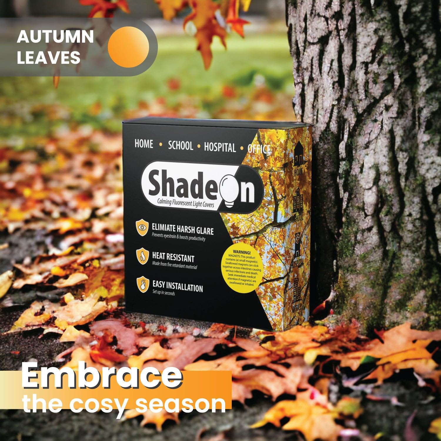 ShadeOn 2x4 ft Magnetic Fluorescent Light Covers (4-Pack) - Decorative Ceiling Light Panels for Classrooms & Offices - Autumn Leaves Design - Reduce Glare & Improve Lighting - Perfect for Schools, Offices, and Home Workspaces
