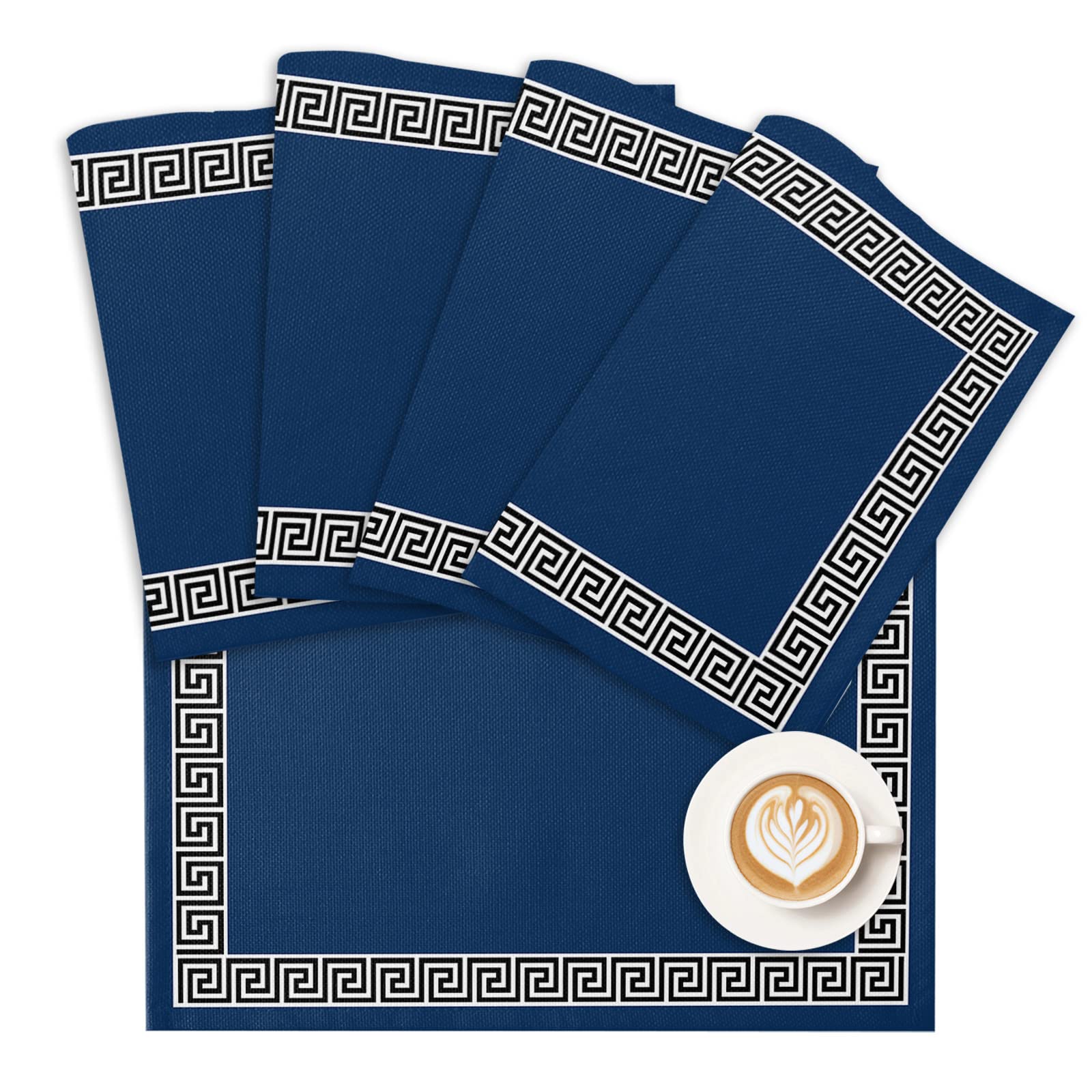 Modern Geometric Greek Key Design Placemats - Set of 4 Navy Blue Washable Table Mats for Dining Room, Kitchen Decor, and Dinner Table Settings