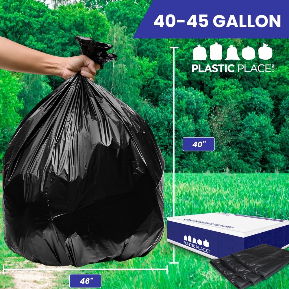 Heavy Duty 40-45 Gallon Black Trash Bags - 1.5 Mil Thick, 40