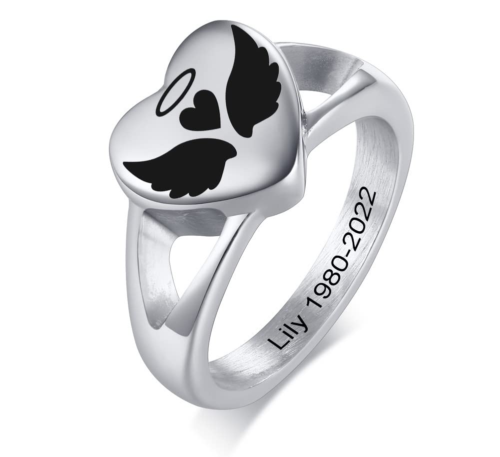 Memorial Angel Wings Heart Ring - Stainless Steel Cremation Jewelry for Ashes (Pet & Human) - Sizes 6-9 in Silver, Gold & Black - Perfect for Remembrance & Everyday Wear