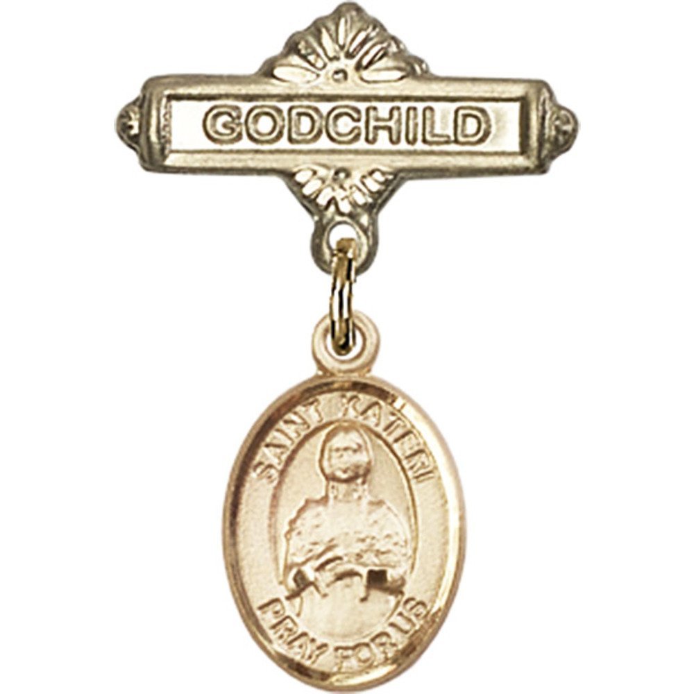 St. Kateri Gold Filled Baby Badge Pin - 1 X 5/8 Inch Godchild Gift for Baptism, Christening & First Communion - Religious Jewelry Keepsake