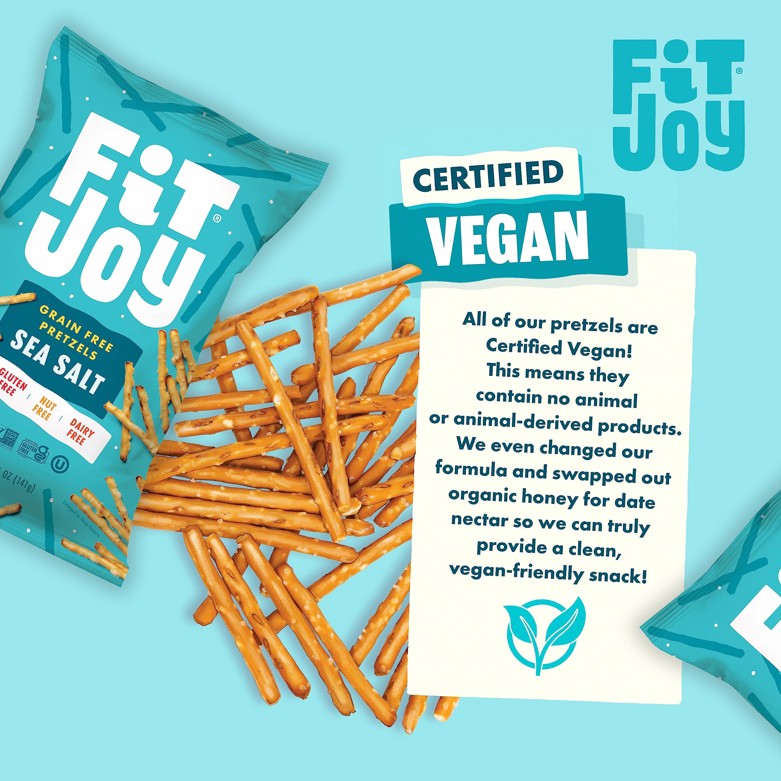FitJoy Gluten Free Pretzels - Sea Salt Sticks, Grain Free Snacks | Made in USA, Crispy Crunchy Texture | Nut Free, Non-GMO, Vegan Certified | 5 Oz (6 Pack) | Perfect for School Lunches, Office Snacks & Healthy On-the-Go Treats