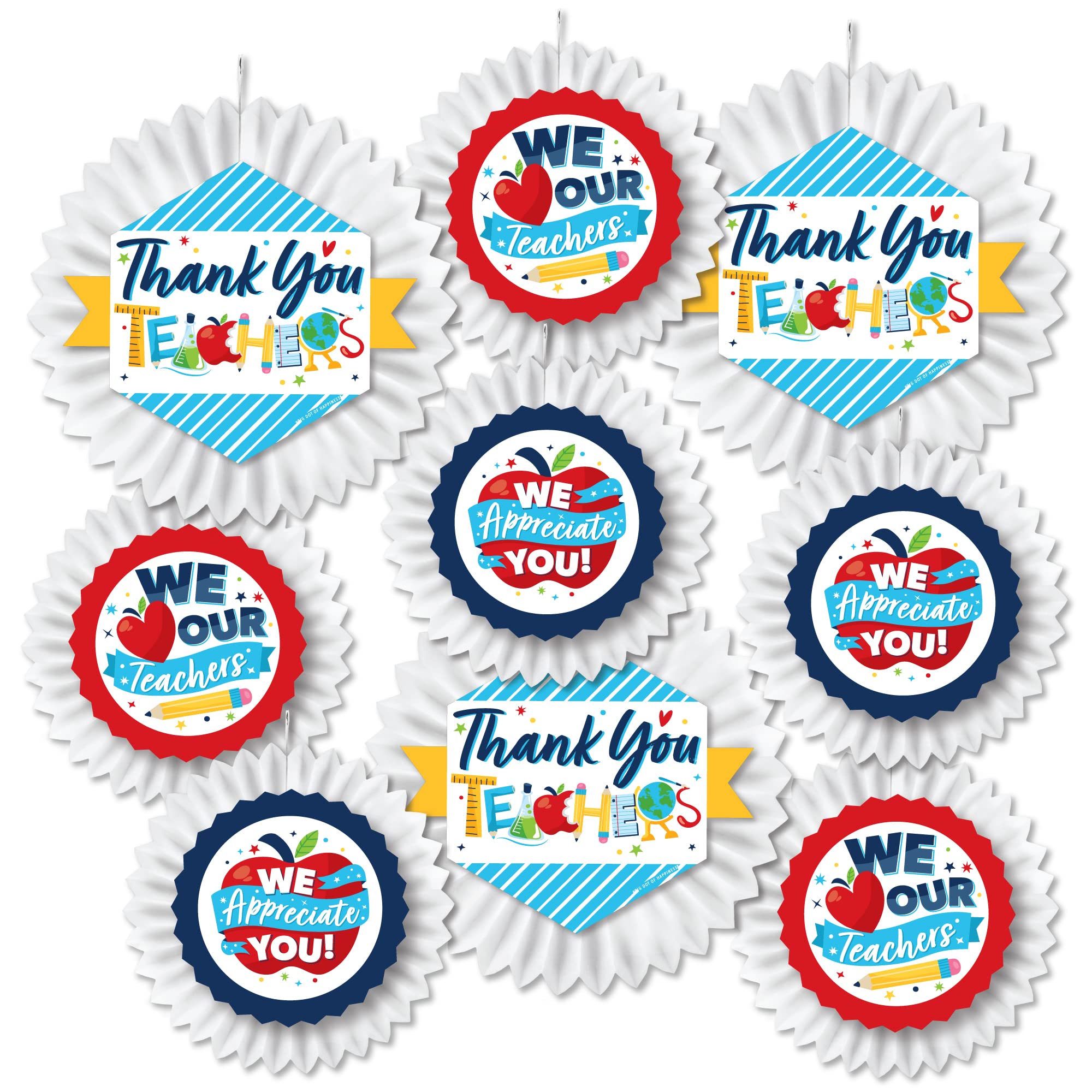 Big Dot of Happiness Thank You Teachers - Hanging Teacher Appreciation Tissue Paper Decoration Kit with 9 Paper Fans - Perfect for Classroom Decor, Teacher Gifts & School Celebrations