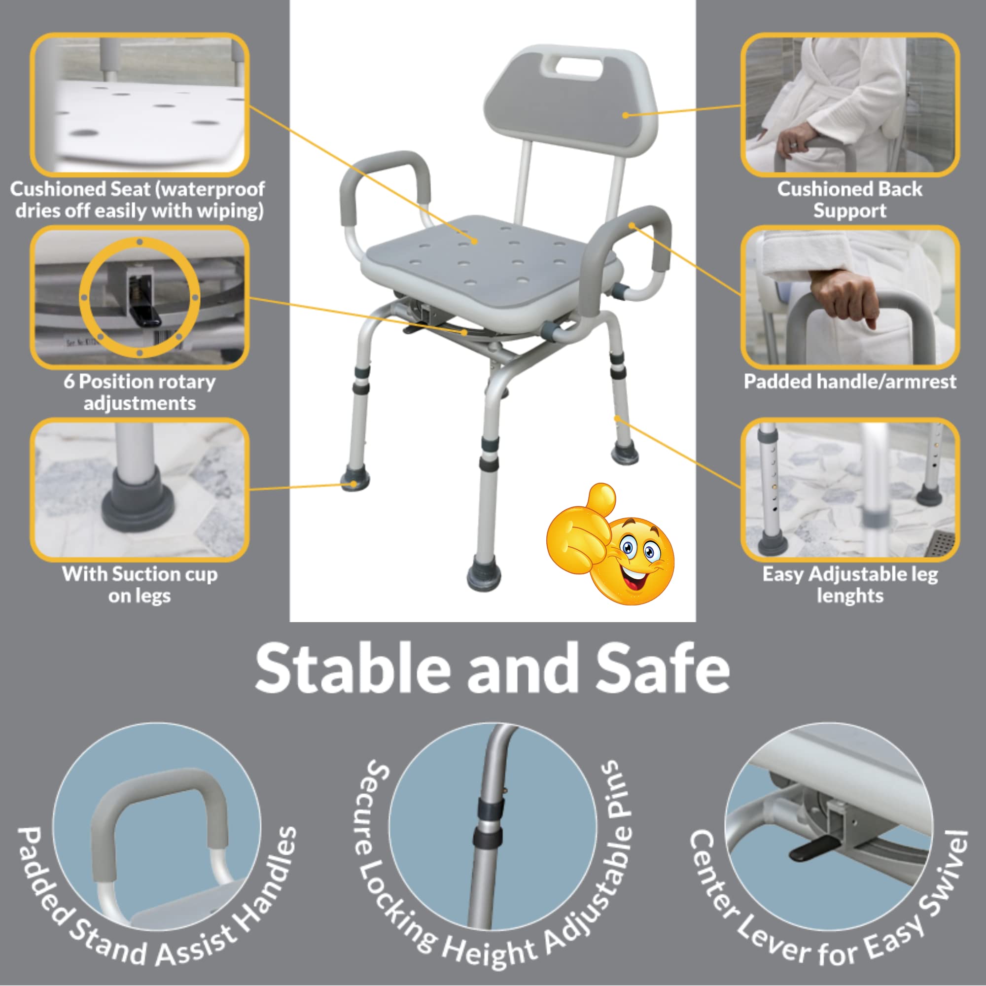 Premium 360° Swivel Shower Chair with Padded Seat & Backrest - Adjustable Bath Bench for Elderly & Disabled - Locking Mechanism & Center Lever for Safety - Ideal for Bathroom, Spa & Mobility Assistance