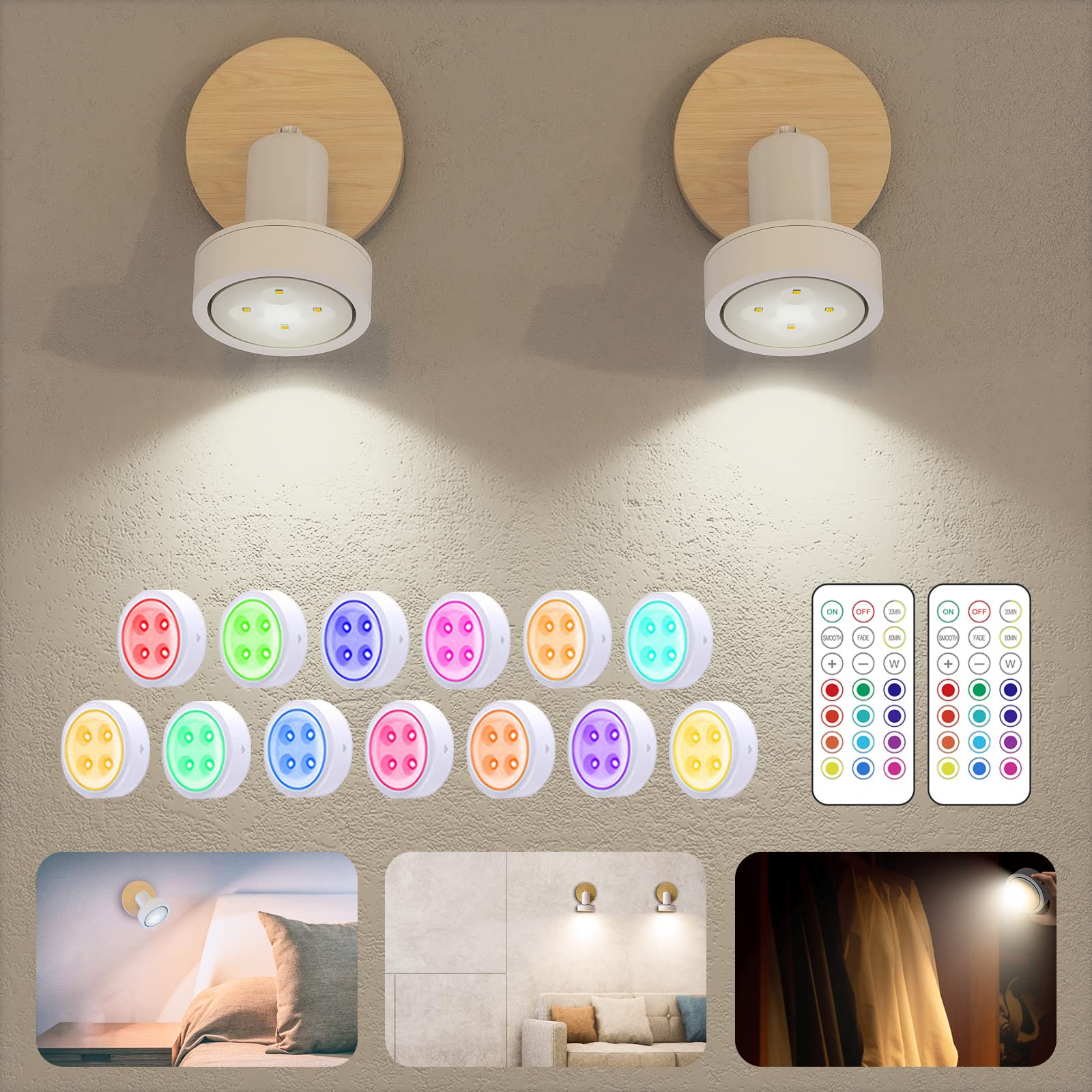 LUMIMAN 2 Pack Battery Operated Wall Sconce - LED Wall Mounted Reading Light with Wooden Base, 13 RGB Color Changing Remote Control Cordless Wall Lamp for Bedroom, Kids Room, Study, and Living Room Lighting