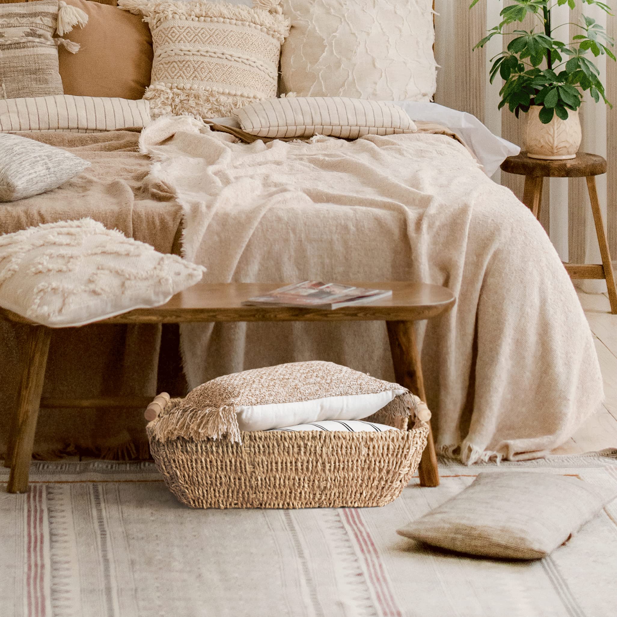 Artera Large Woven Seagrass Storage Basket with Wooden Handles - 16.9” x 13” x 6” Shallow Wicker Organizer for Bathroom, Kitchen Pantry, Bedroom & Nursery - Perfect for Shelves, Drawers & Home Decor (Set of 2)