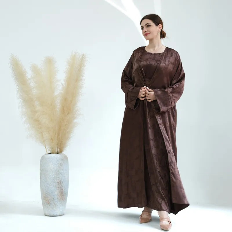 Elegant Jacquard Satin 2-Piece Muslim Women's Open Abaya Dress Set - Perfect for Prayer, Eid, and Special Occasions