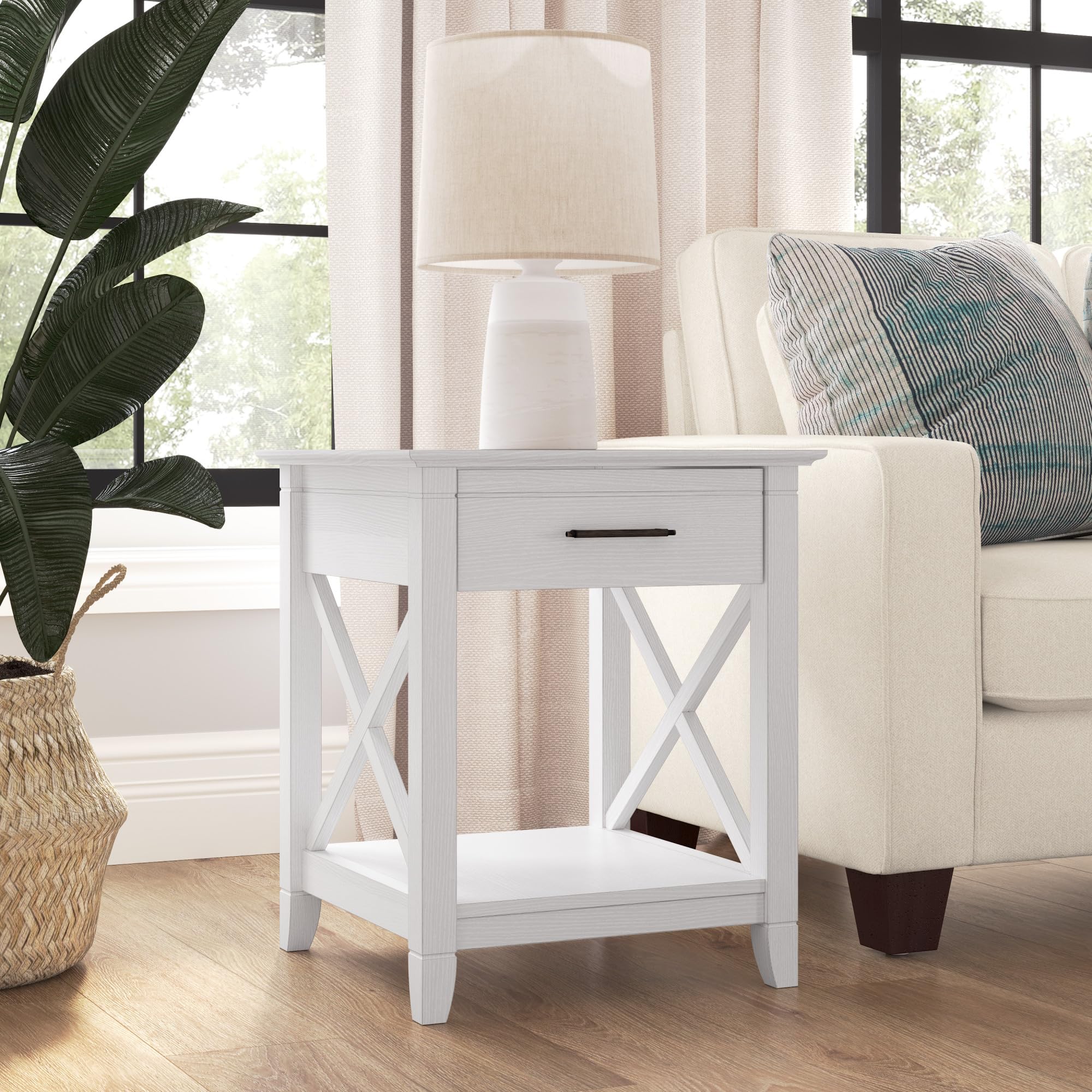 Bush Furniture Key West End Table with Storage - Pure White Oak Finish - Small Side Table for Living Room, Bedroom, or Office