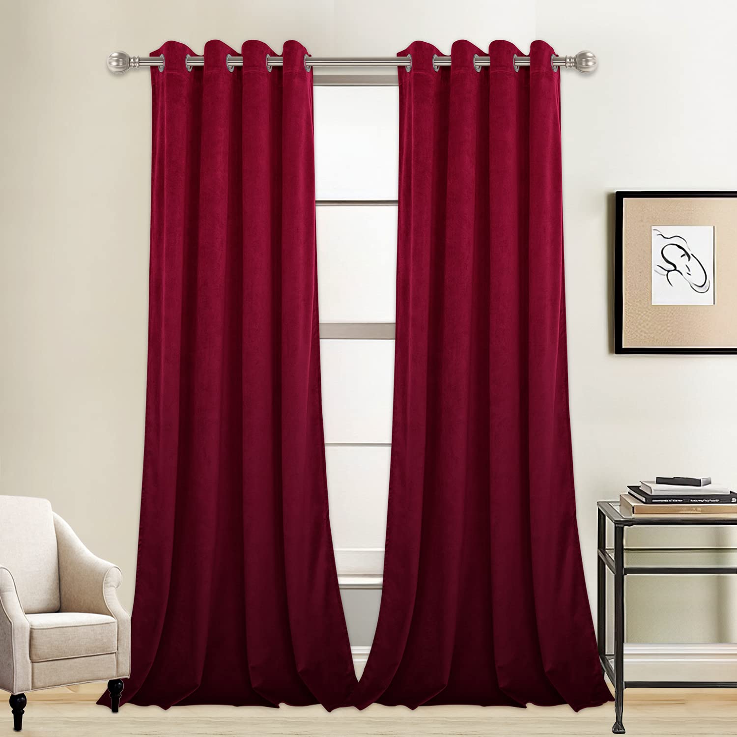 LUSHLEAF 2 Panels Burgundy Velvet Blackout Curtains 96 Inches - Thermal Insulated Room Darkening Grommet Window Drapes for Bedroom & Living Room - Perfect for Home Theater, Nursery & Light Sleepers