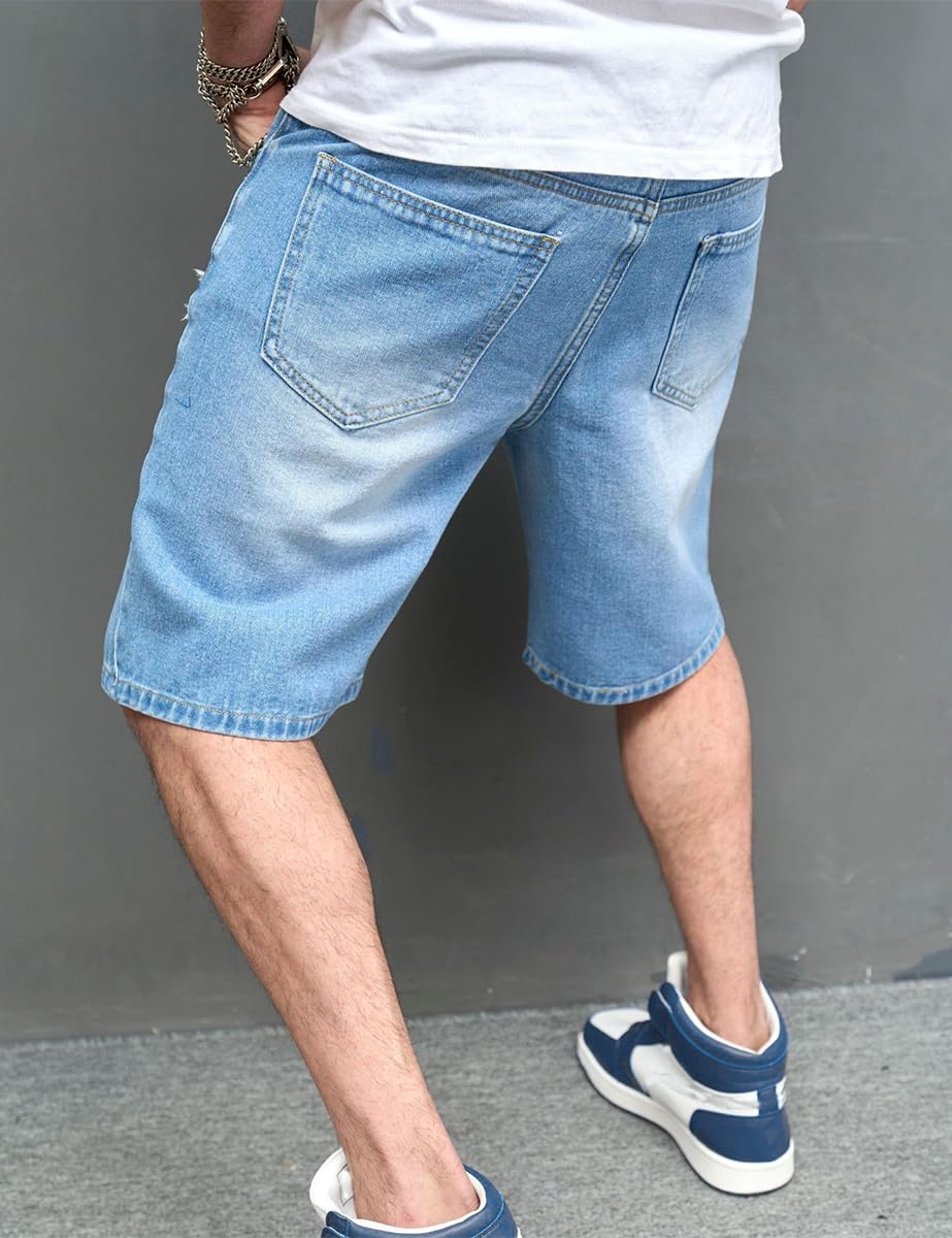 Kinghua Men's Ripped Distressed Loose Fit Straight Leg Denim Jean Shorts - Comfortable Casual Summer Wear for Outdoor Activities and Street Style