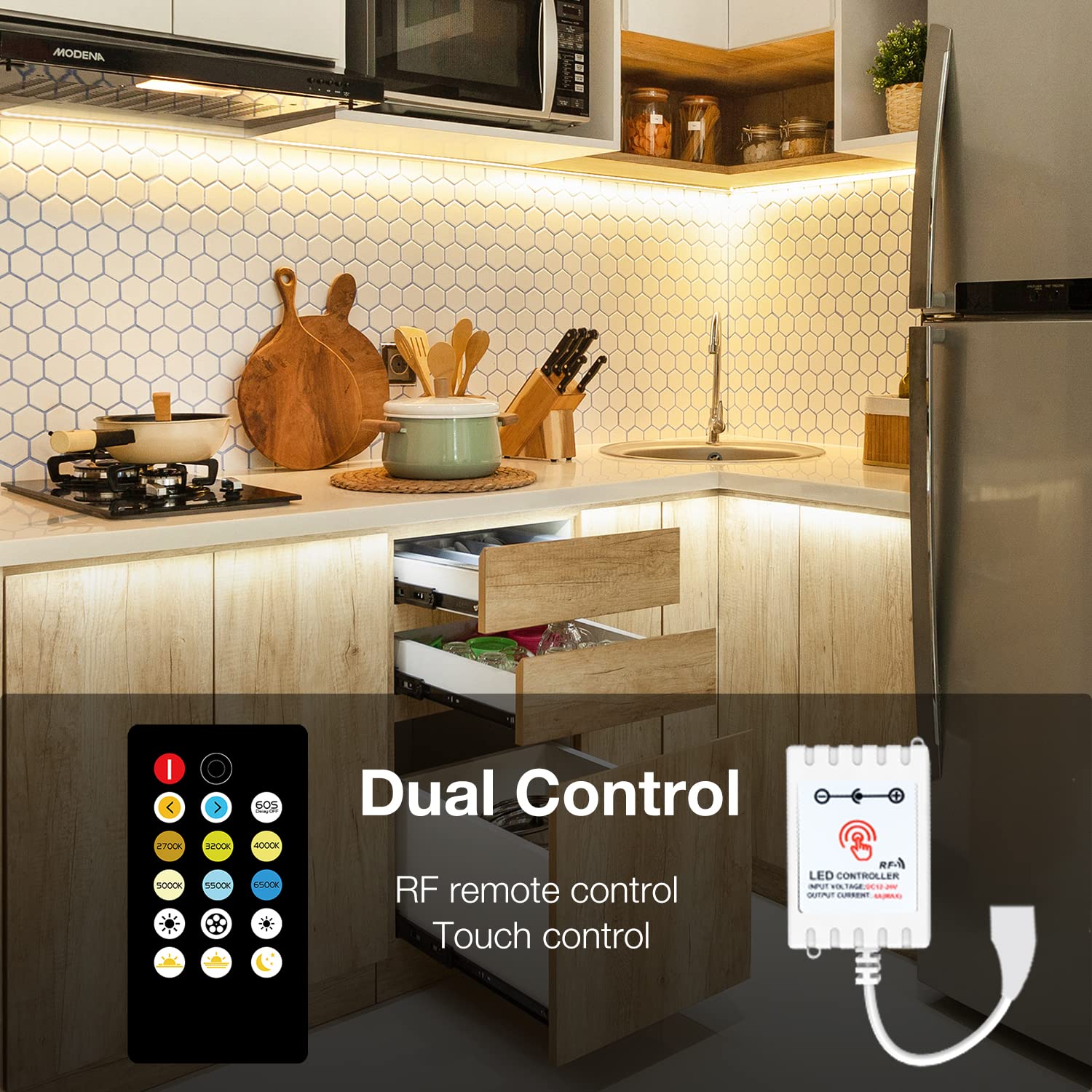 DAYBETTER 20ft Dimmable Under Cabinet LED Strip Lights Kit - 360 LEDs, Tunable White (2700K-6500K), Remote Control, 6 x 3.28ft Strips - Perfect for Kitchen Cabinets, Countertops, Shelves & Home Decor with Timer Function