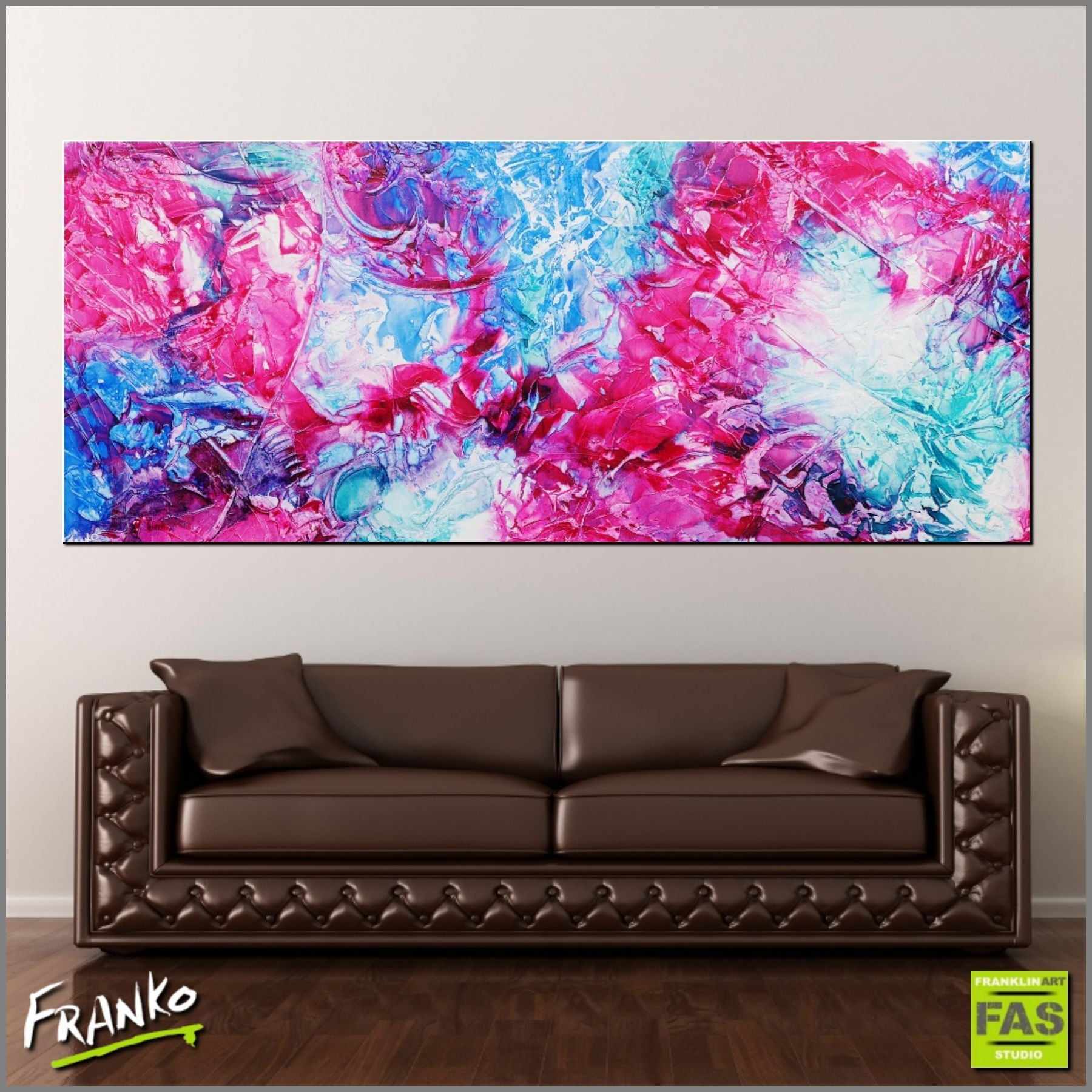 240cm x 100cm Pink Blue Abstract Canvas Painting - Modern Wall Art for Living Room, Bedroom & Office Decor | Ink Jazz Style Large Contemporary Artwork