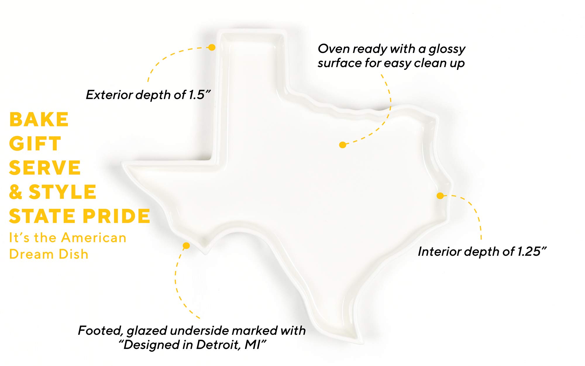 Texas Shaped Porcelain Baking Dish - Oven, Microwave & Dishwasher Safe Serving Platter - Decorative Tray for Texan Themed Parties, BBQ Gatherings & Home Decor