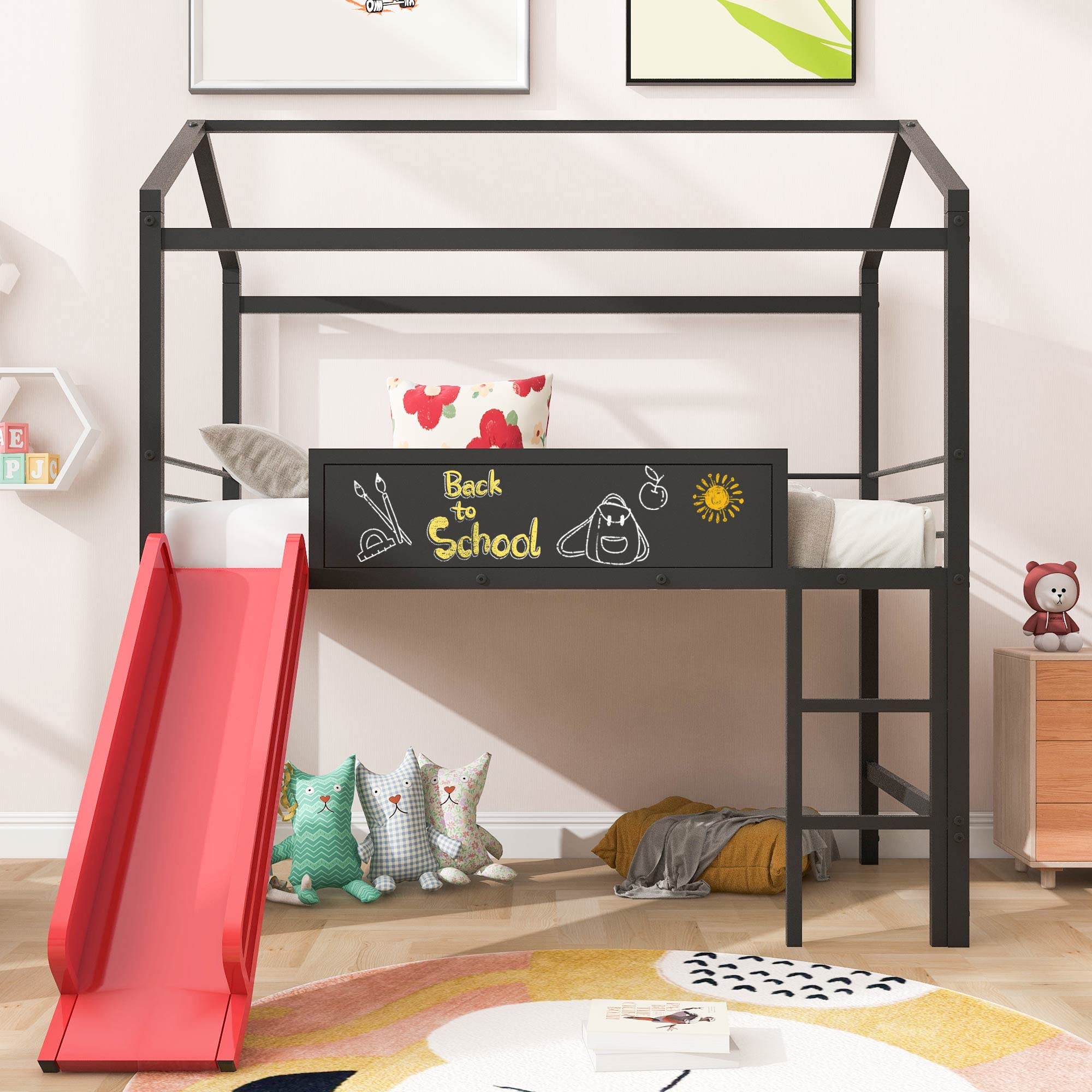 Twin Size Metal Loft Bed with Slide, Chalkboard, Guardrail & Ladder - Low Profile House Style Bunk Bed for Kids, Teens, Boys & Girls (Black & Red) - Perfect for Small Bedrooms, Playrooms & Dorm Rooms