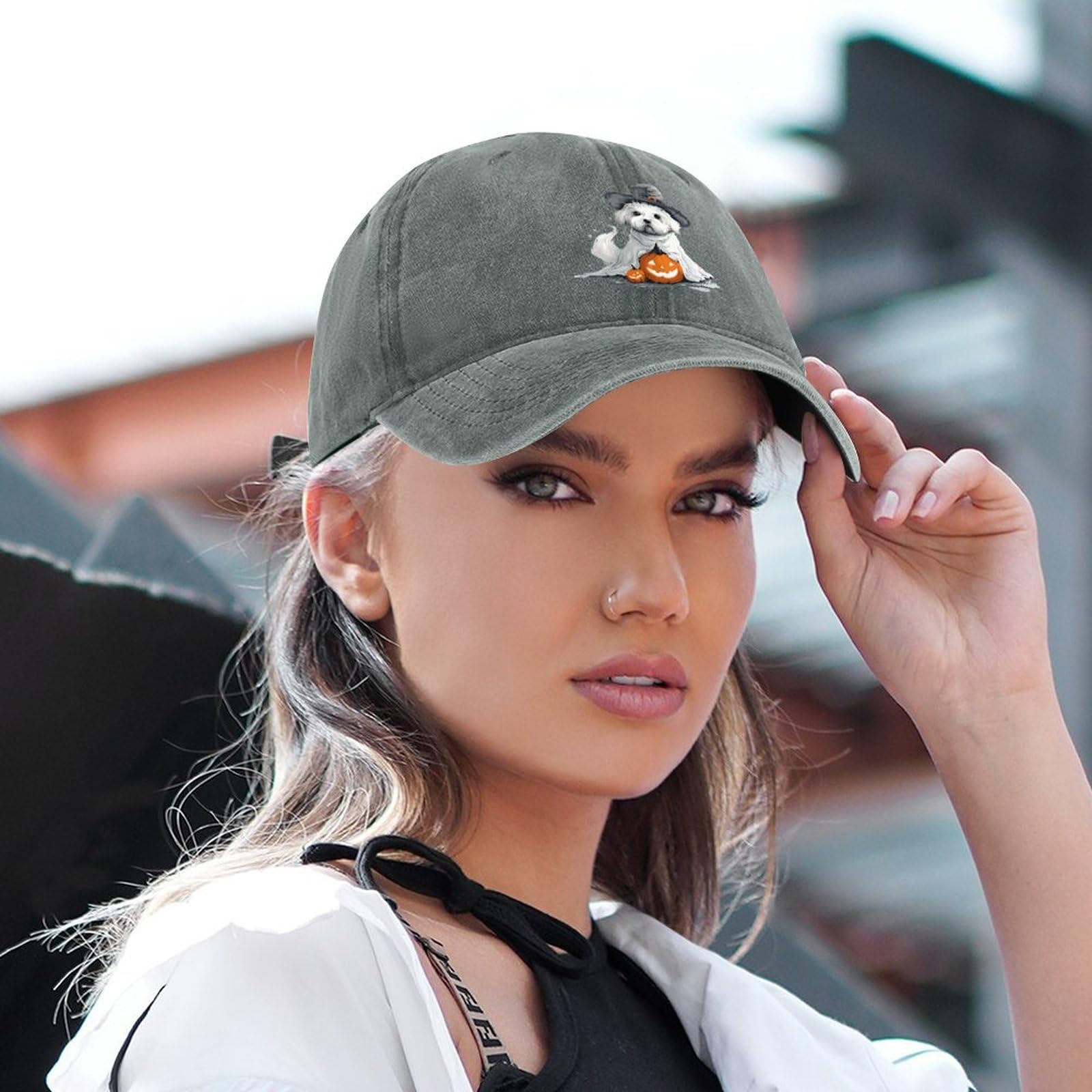Vintage Halloween Ghost Dog Baseball Cap - Denim Trucker Hat for Men & Women - Perfect for Costume Parties, Golf, Gaming & Casual Wear