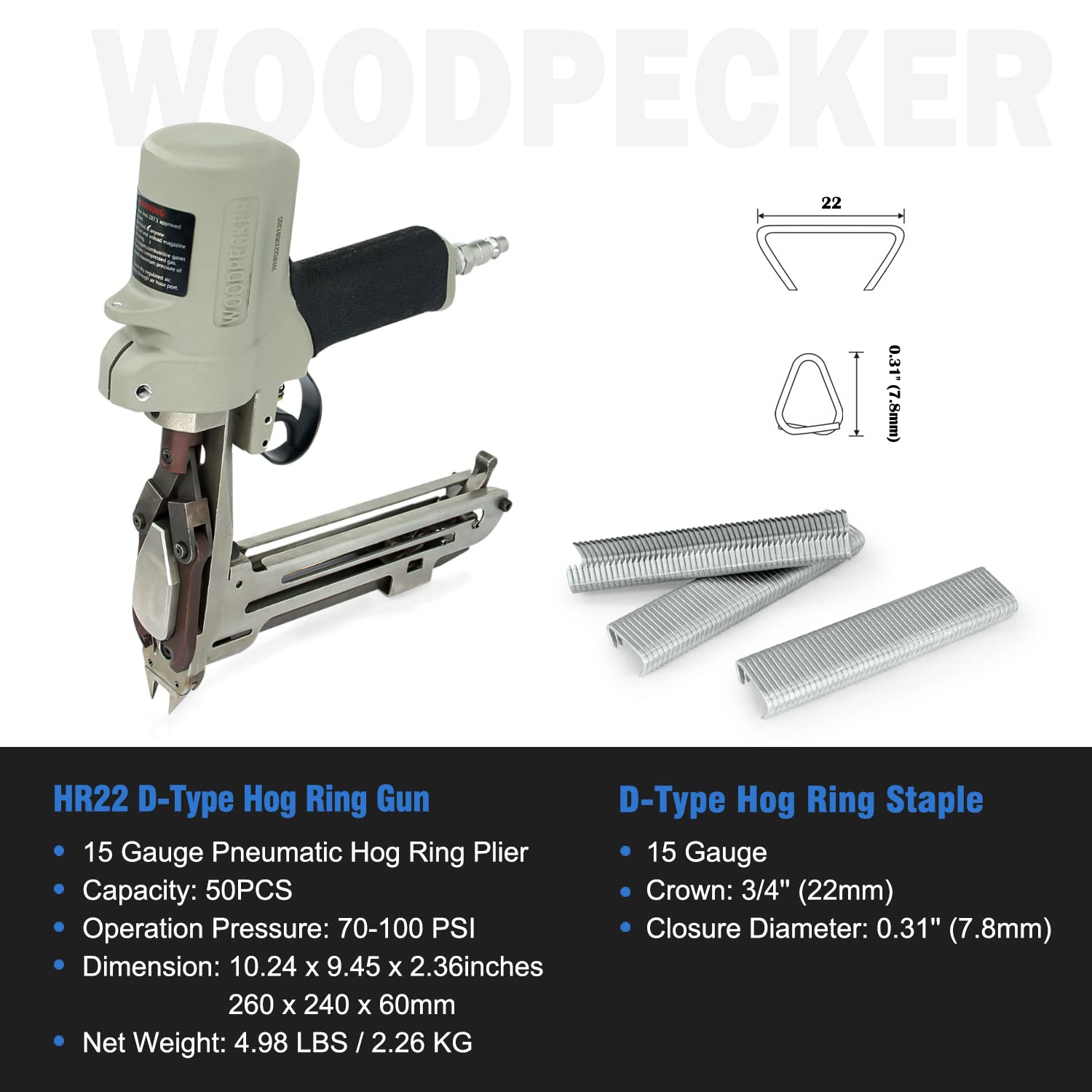 WOODPECKER HR-22 15 Gauge Pneumatic D Ring Hog Ringer Gun - Heavy Duty Hog Ring Plier with Sharp Muzzle (Similar to TR203 & HR 60-22) - Professional Upholstery Tool for Fastening Car Seat Foam, Furniture Repair, and Marine Upholstery Projects