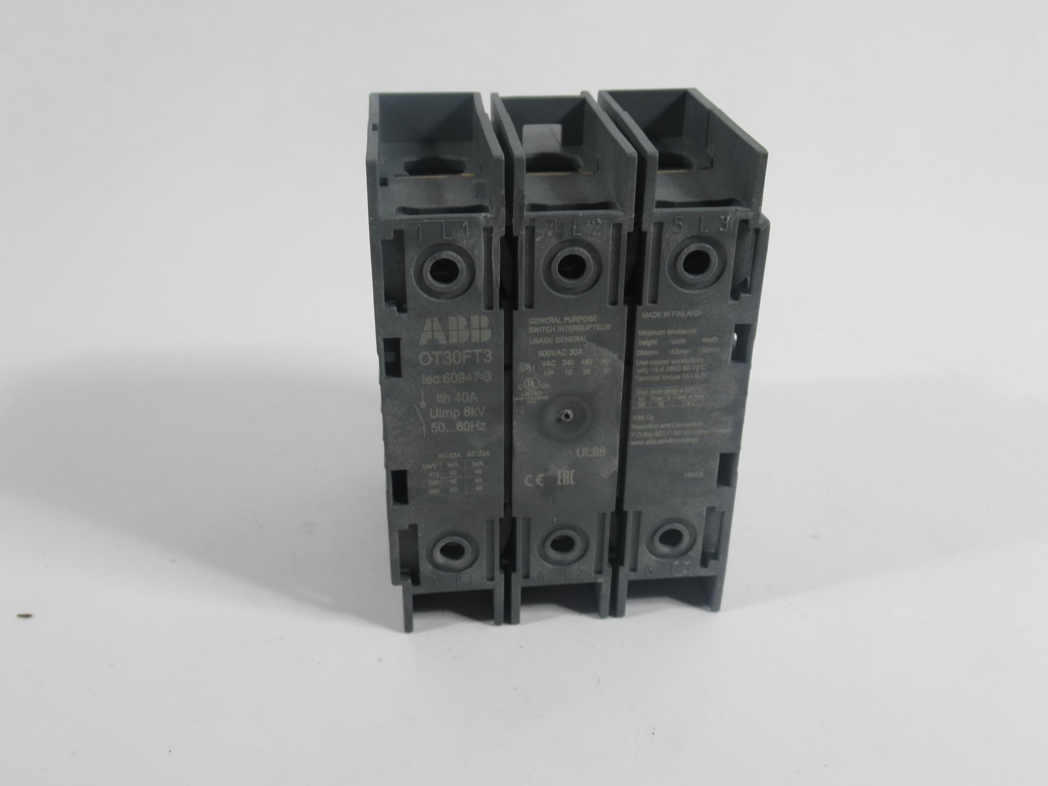 ABB OT30FT3 600VAC 30HP 30A 3-Pole Disconnect Switch - Heavy Duty Electrical Safety Switch for Industrial & Commercial Use