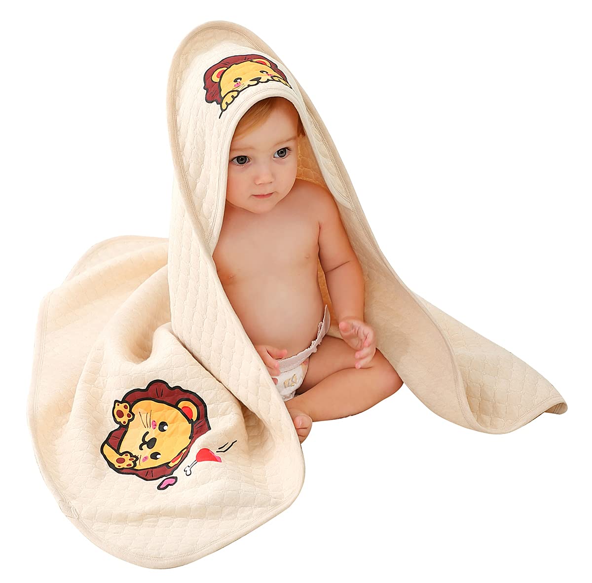 Organic Cotton Baby Wearable Blanket with Lion Print - Unisex Newborn Hooded Sleep Sack for Cozy Naps & Bedtime (Lion Design) - Perfect for Nursery, Stroller, and Travel