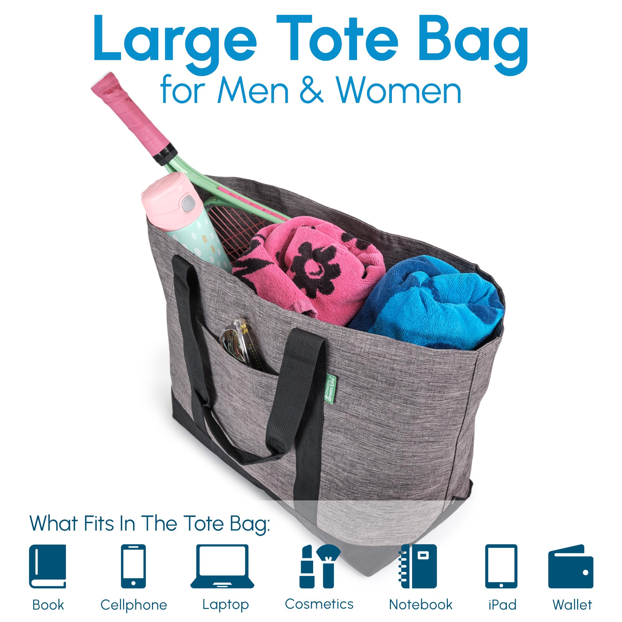 Stylish Foldable Extra Large Tote Bag with Zipper for Women & Men - Eco-Friendly Reusable Shopping Bag for Travel, Beach, Work & Daily Use