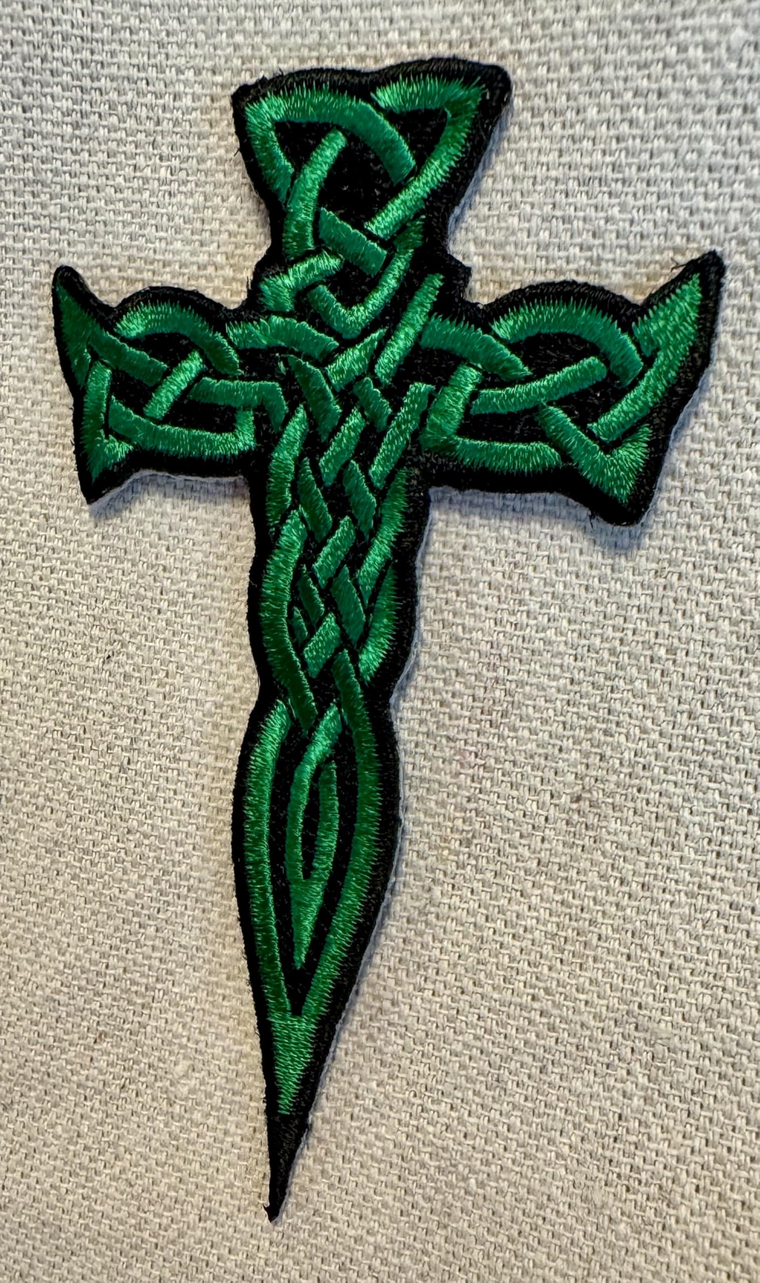 Celtic Cross Dagger Iron-On Patch - Green Embroidered Irish Crucifix Badge for Jackets, Vests & Backpacks - Perfect for St. Patrick's Day & Irish Heritage Events