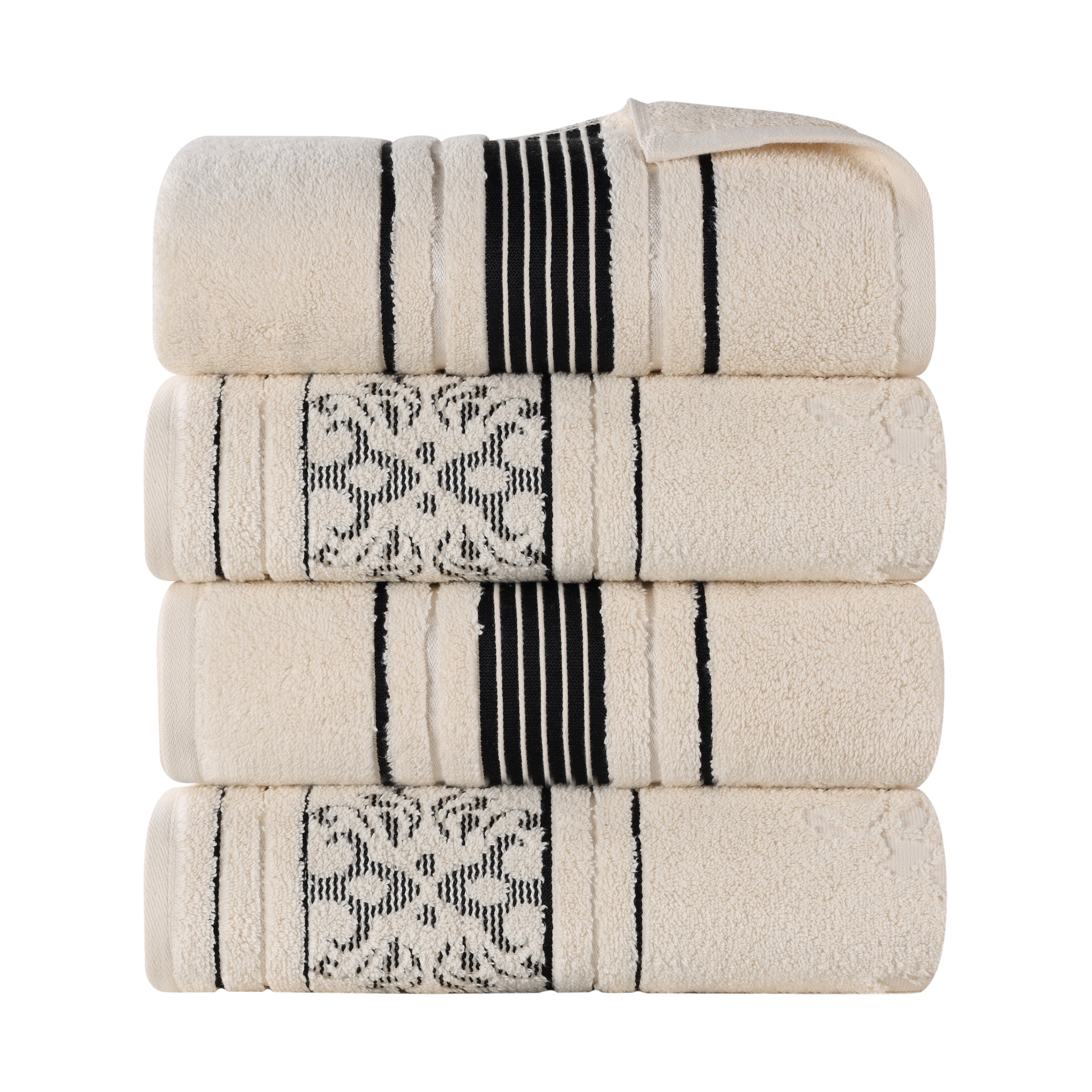 Premium 100% Zero Twist Cotton Bath Towel Set of 4 - Ultra Soft & Absorbent Solid & Jacquard Floral Design - Perfect for Spa, Bathroom, Beach & Guest Use